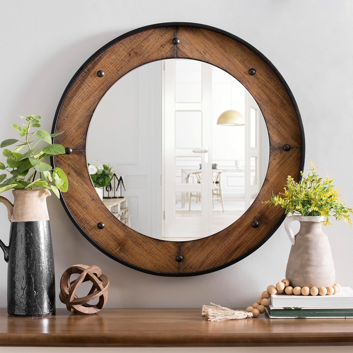 Rustic Round Wall Mirror 30 Inch, Natural Wood Frame with Black Metal Trim, Industrial Farmhouse Round Wood Mirror, Decorative Wall Mirror for Bathroom, Living Room, Entryway
