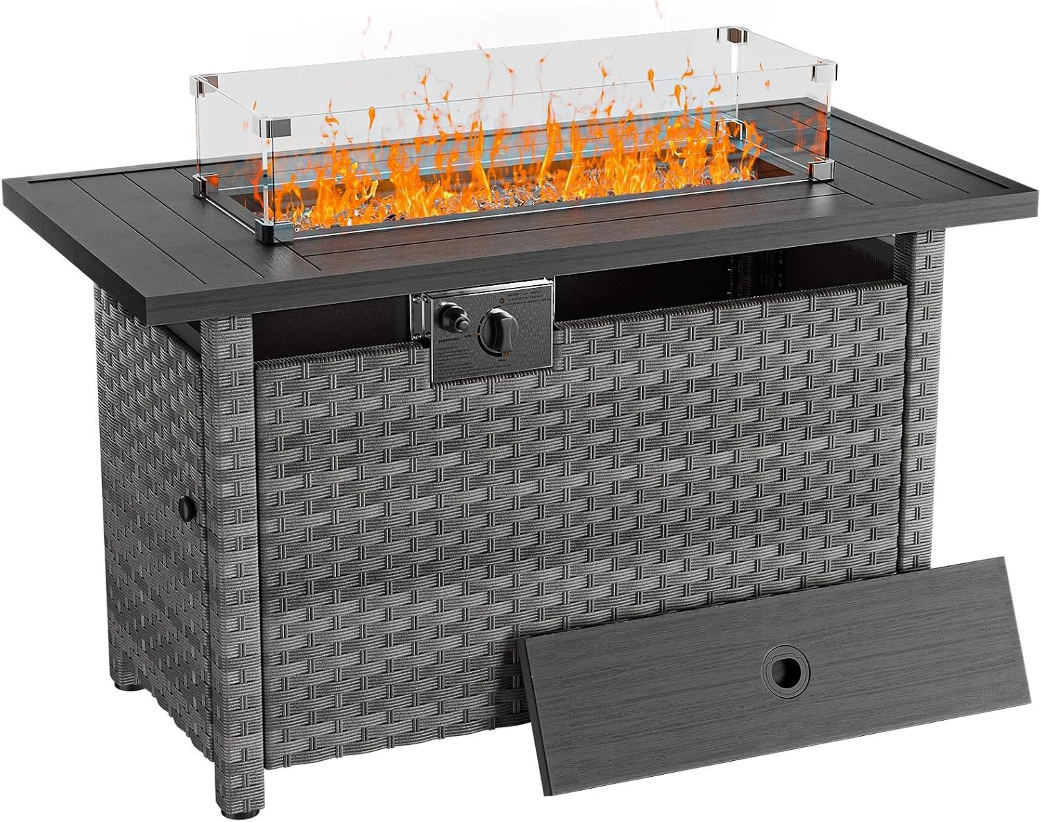 44″ Fire Pit Table with Wind Guard for Outdoor, Auto-Ignition Propane Gas Firepits Rattan Rectangular Table for Outside Patio 60,000 BTU, Gray