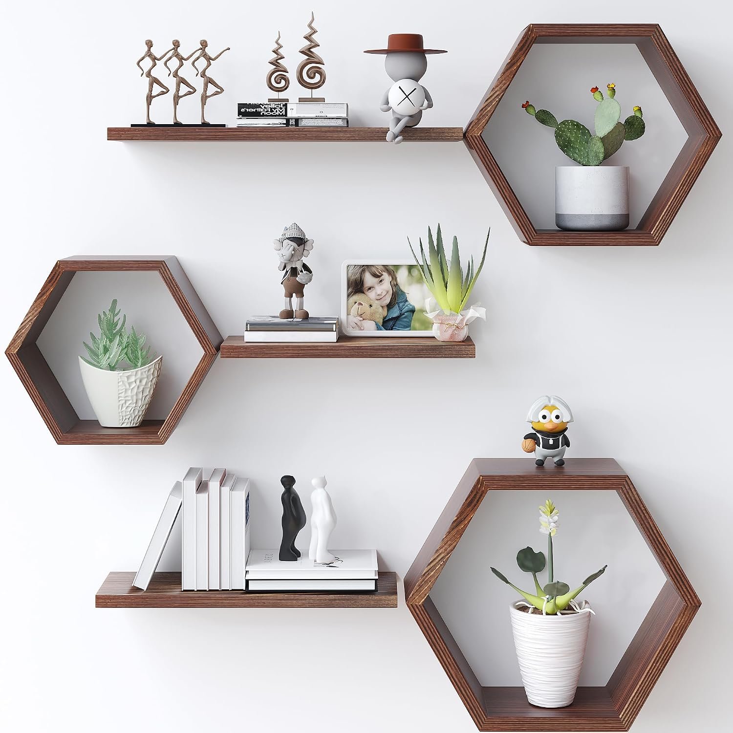 Wooden Hexagon Floating Shelves Wall Mounted,Set of 6 Pine Hexagon Shelves Display for Photos,Plants,Rustic Honeycomb Shelves for Living Room,Bedroom,Bathroom, Kitchen, Office Decor, Rustic Brown.