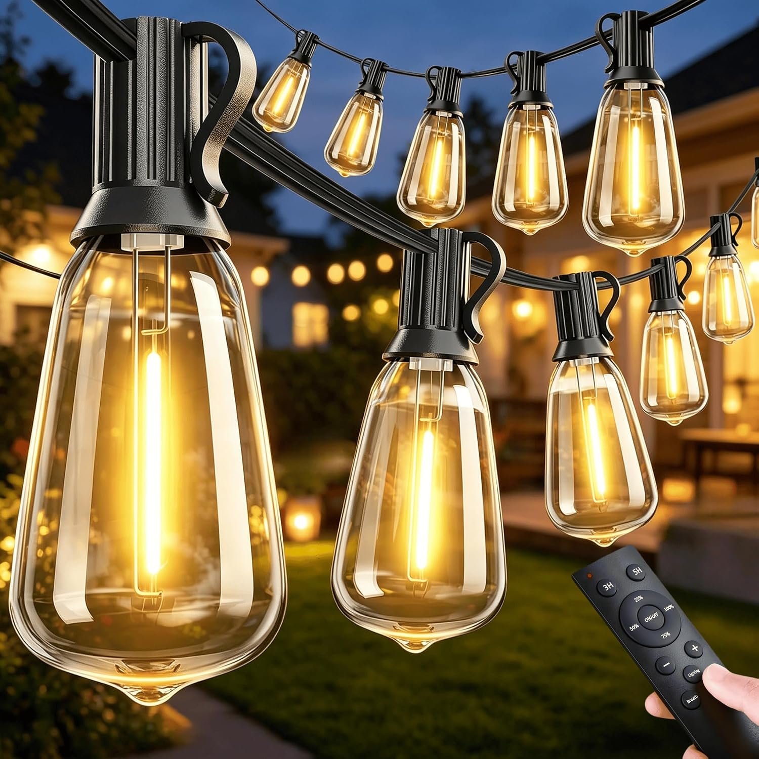 Outdoor Patio String Lights: 100Ft 30M Outside Waterproof Light – Remote Dimmable ST38 Shatterproof Bulb Connectable Hanging Outdoor Electric Lighting – Backyard Yard Gazebo Porch Party