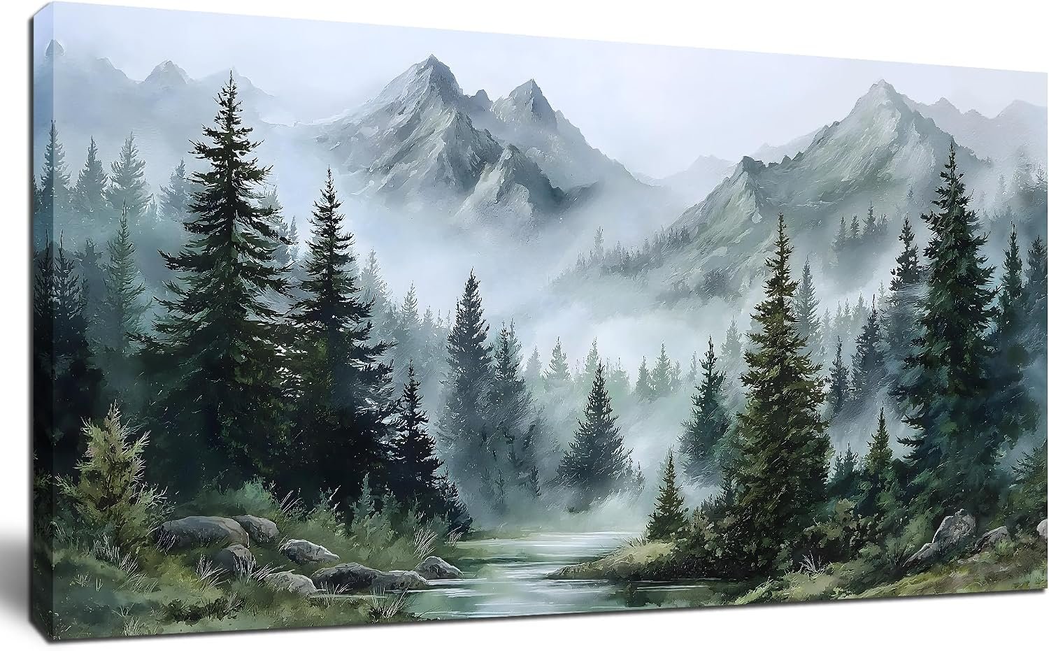 Tarfupth Large Misty Forest Wall Art for Living Room Green Nature Mountain Landscape Canvas Artwork with Trees and River Nature Art for Bedroom Office Home Decor 20×40 Inch