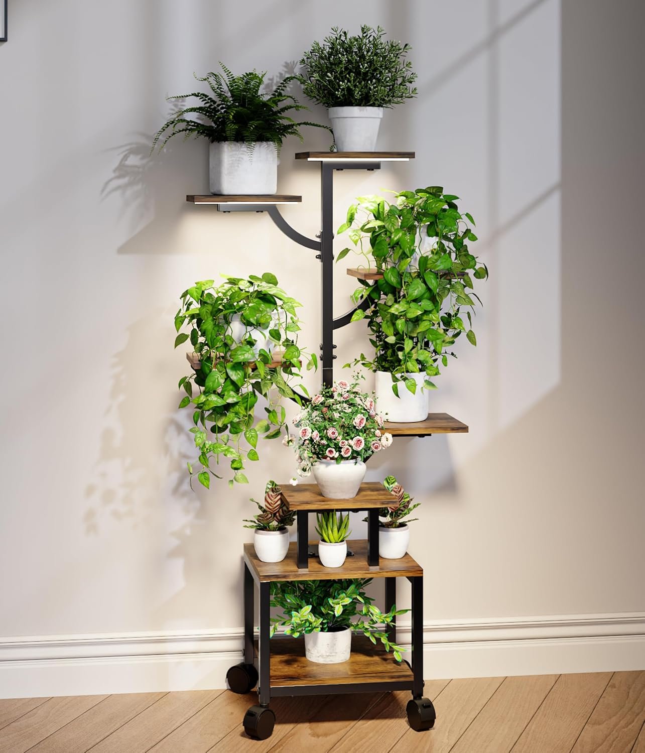 Plant Stand Indoor with Grow Lights – 7-Tier Plant Stand with Wheels, Tall Metal and Wood Indoor Plant Shelf with Tree Design, Rolling Flower Pot Holder Rack with Waterproof Finish, Adjustable Display Stand for Home Garden, Patio, 41″ Tall