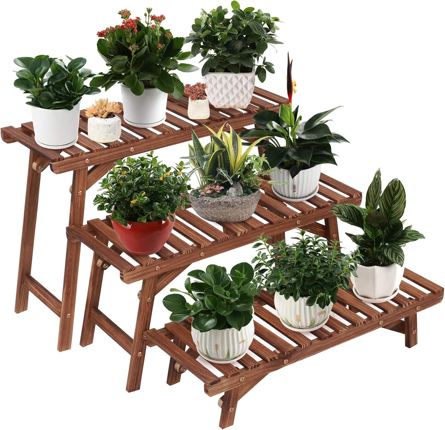 Ufine 3 Tier Ladder Plant Shelf Wood Plant Stand for Indoor Outdoor