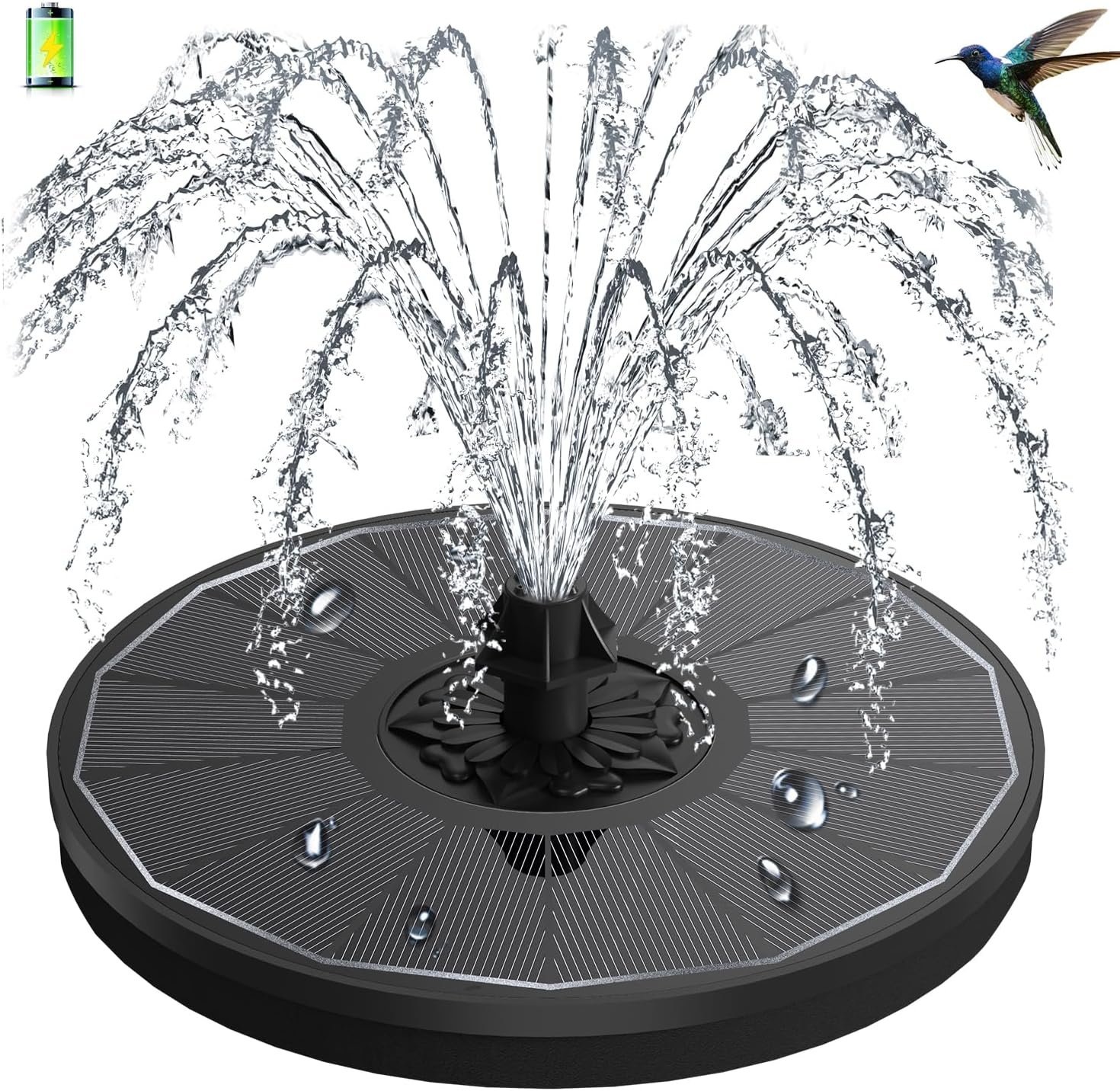 3.5W Solar Fountain with 2000mAh Battery – Work On Cloudy Days – Upgrade Glass Panel Solar Bird Bath Fountain, Hummingbird Water Feature Pump with 7 Nozzles, 4 Fixed Pipes for Garden, Pool