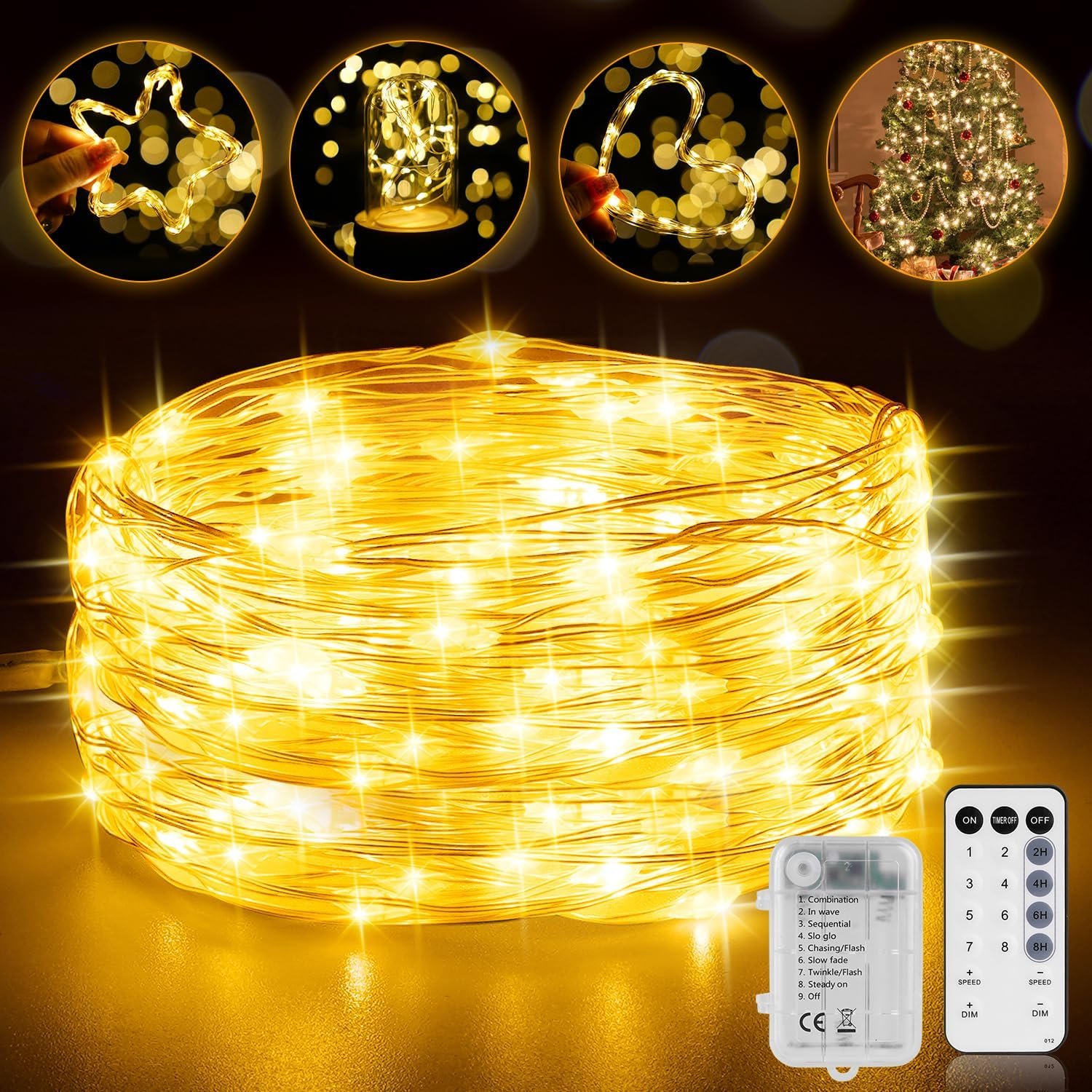 StarryEver 33FT 200 LED Fairy Lights Battery Operated with Timer & Remote, 8 Modes Dimmable Twinkle Lights, Waterproof Warm White Fairy String Lights for Outdoor Patio Wedding Mason Bedroom Classroom