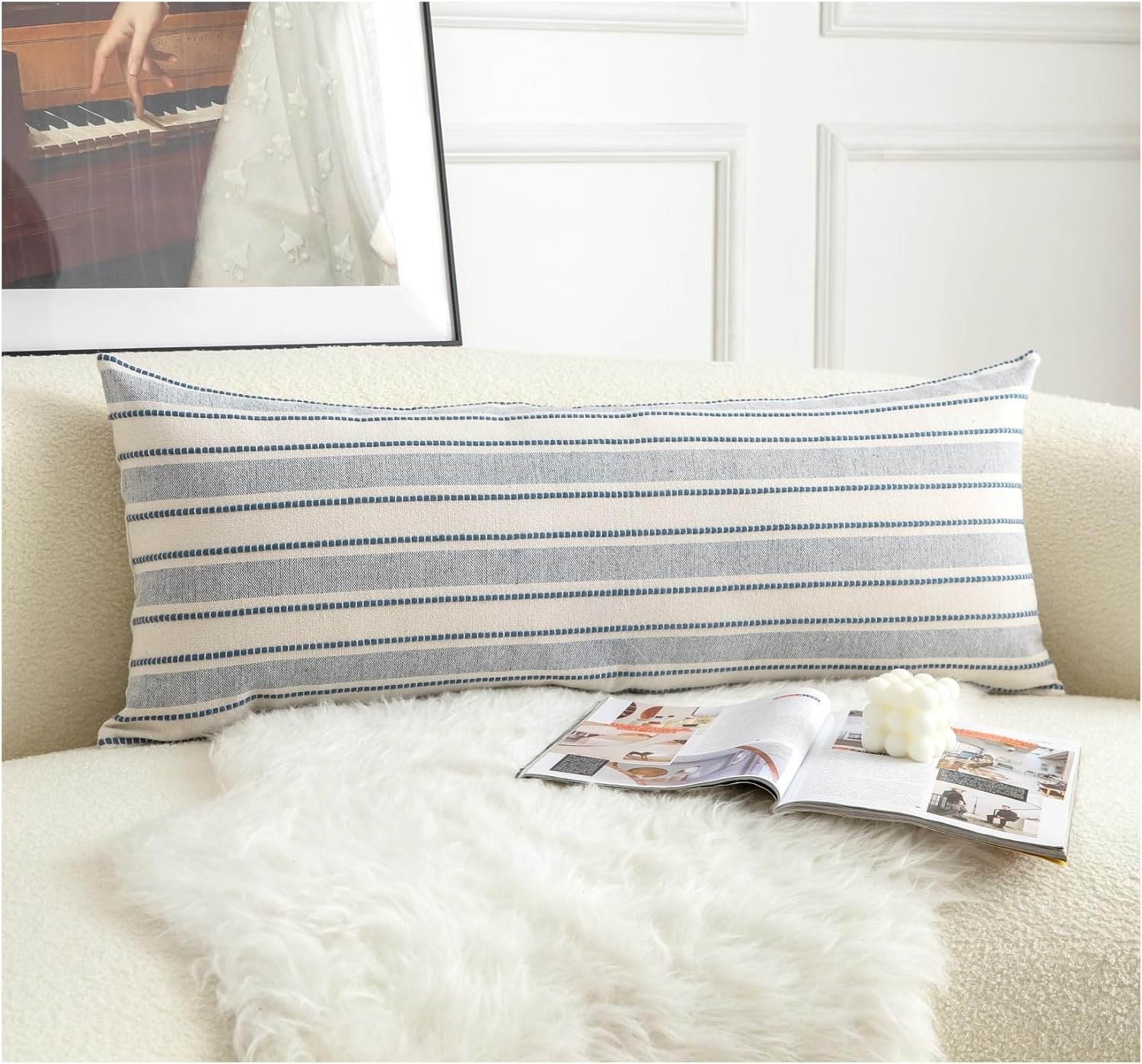 Cethom Decorative Boho Lumbar Pillow Covers, Modern Farmhouse Couch Pillowcase, 14 x 36 Long Accent Body Throw Pillow Covers, Sofa Bed Living Room Decor Cushion Case, Blue and Beige, Pack of 1