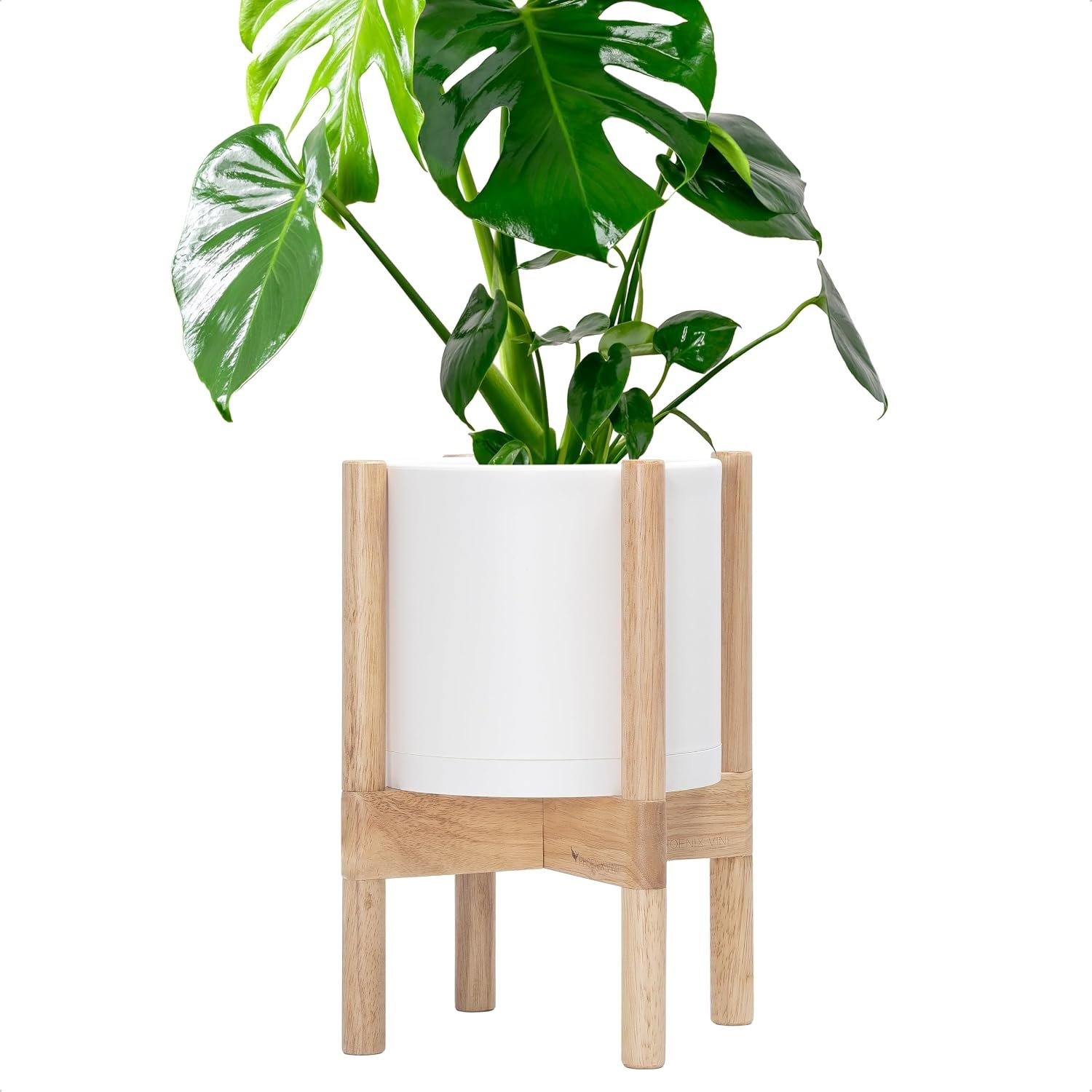 D’vine Dev Plastic Pot with Natural Wood Stand, White, 8 in, 55-C-J-1