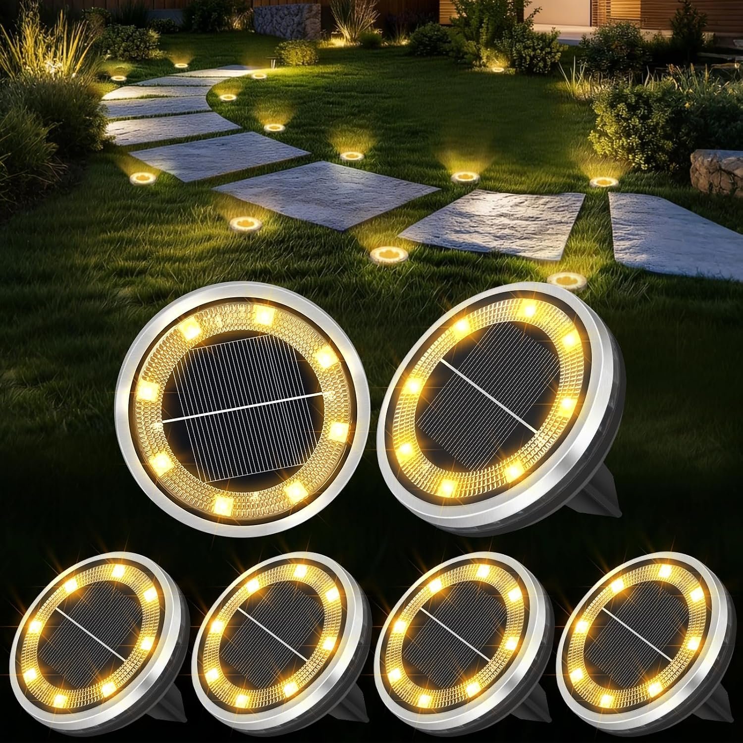 6 Pack Solar Ground Lights Outdoor Waterproof Garden Lights for Yard Lawn