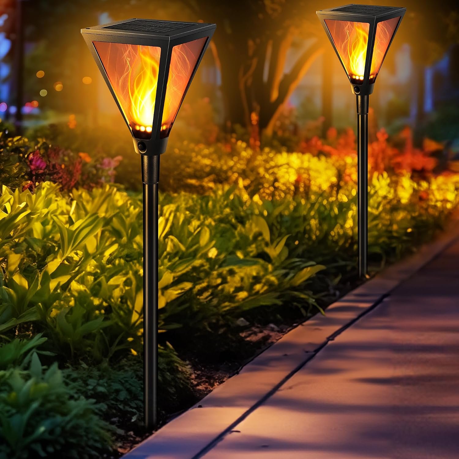 iBaycon 2 Pack 28in Solar Flame Torch Lights Outdoor Landscape Pathway Lamp