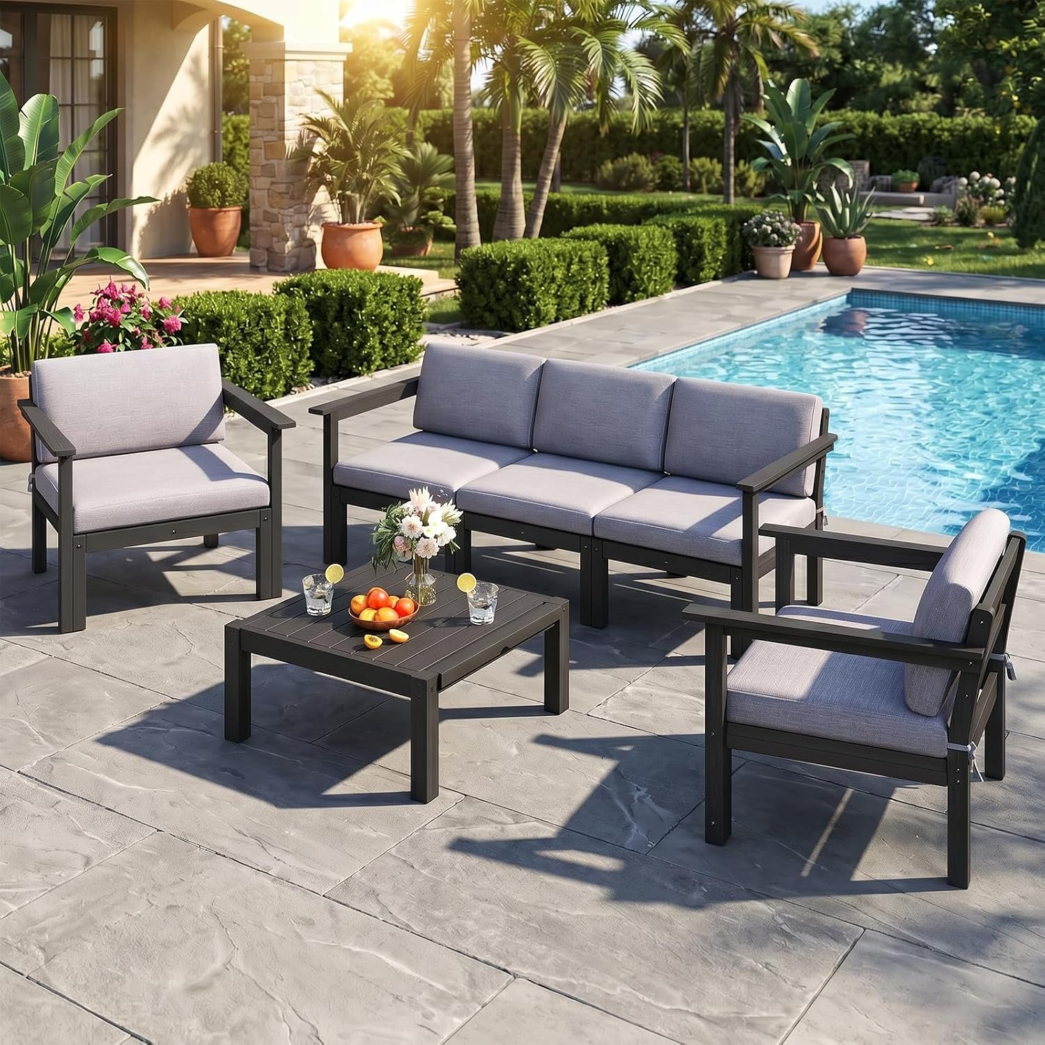 Modular Outdoor Patio Conversation Set, 6-Piece HIPS Sectional Sofa with Coffee Table & Thick Cushions– Side Interlock & Detachable Armrest, All-Weather Patio Furniture Set for Backyard,Deck,Poolside