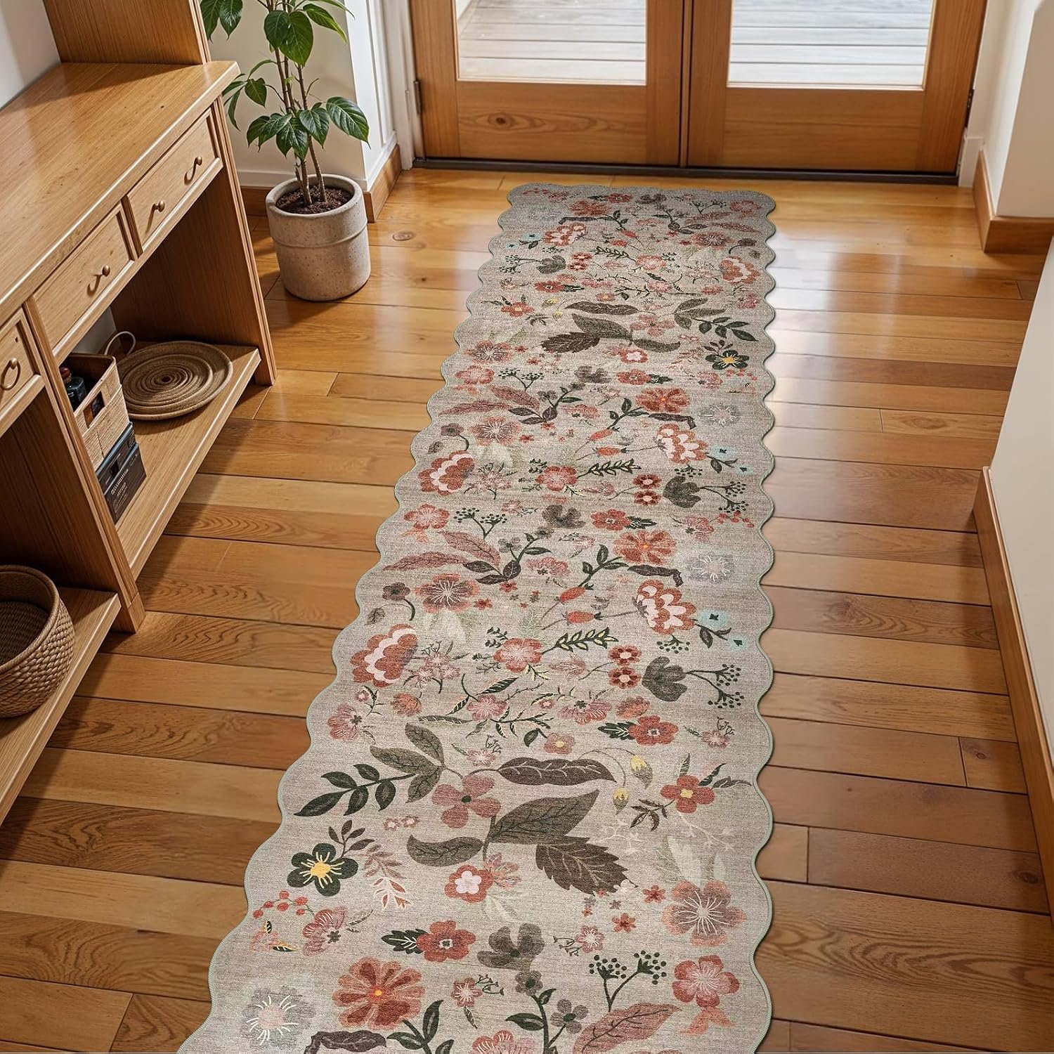 2×8 Washable Hallway Runner Rug – Scalloped Floral Kitchen Rug Beige Brown