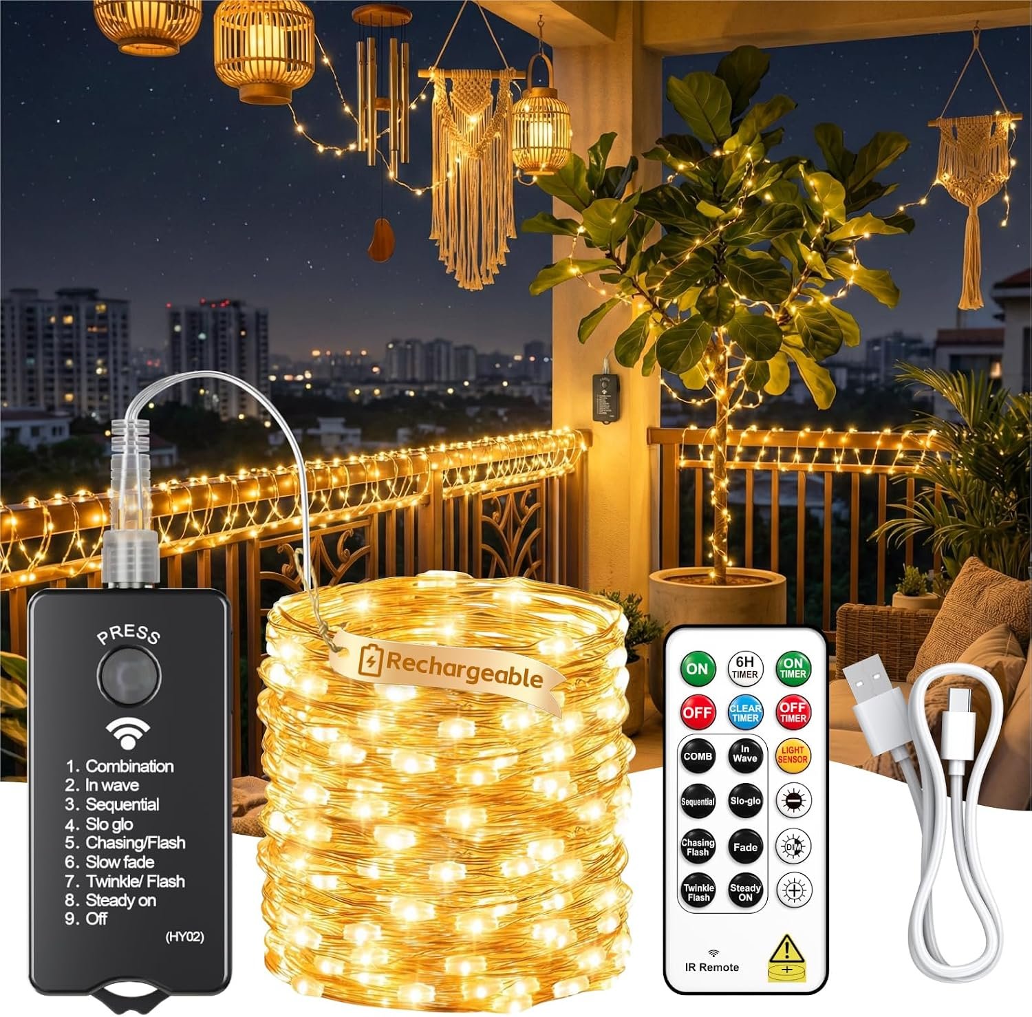 ZSJWL Rechargeable Fairy Lights，66ft 200 LED, Remote & DIY Timer
