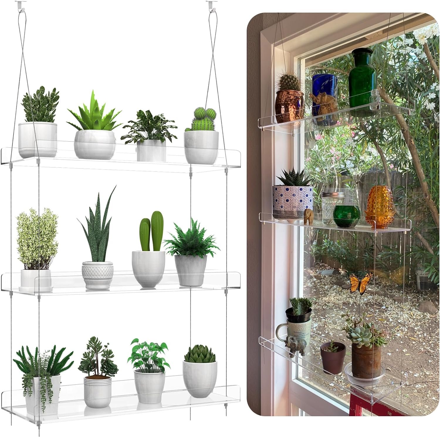 3-Tier Hanging Clear Plant Shelves for Windows, 16 Inch per Tier