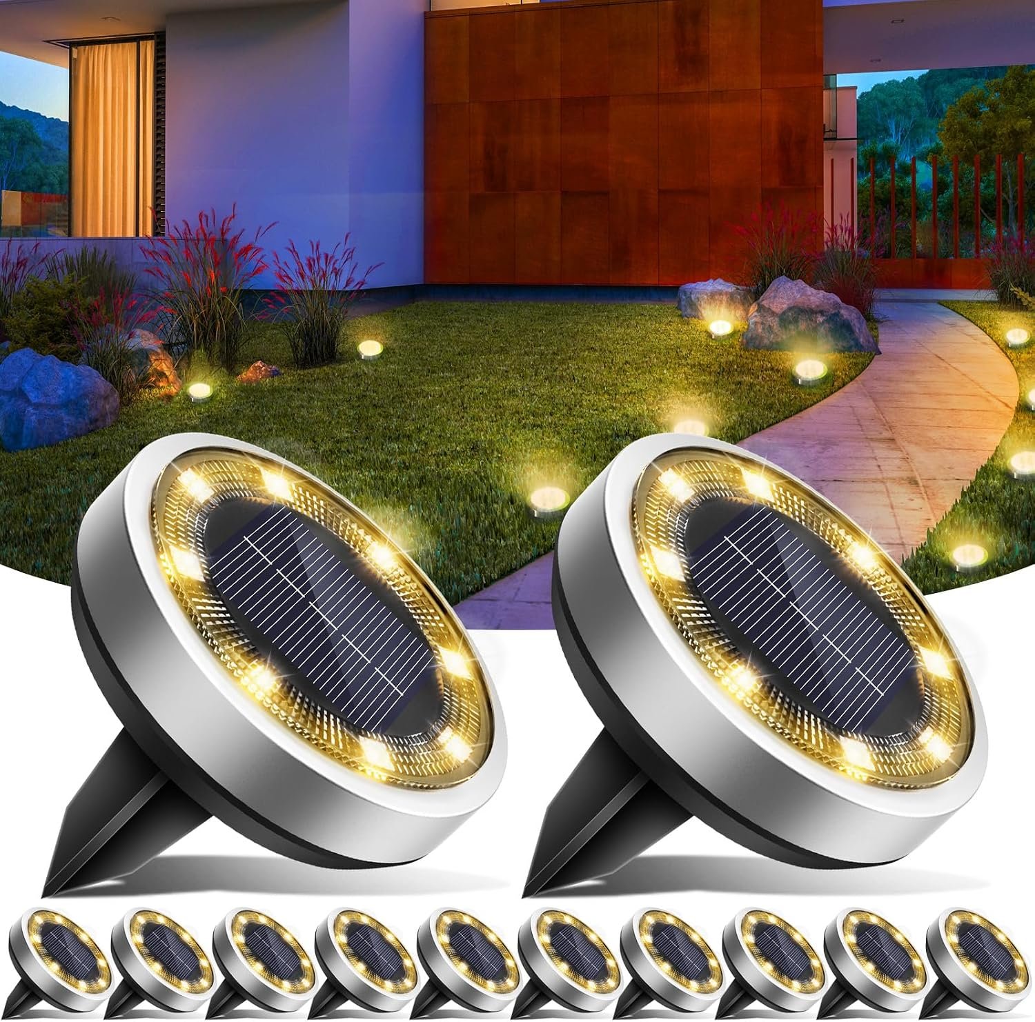 vighep Solar Ground Lights,12 Pack Flat Solar Lights Outdoor Waterproof, Bright LED Solar Disc Lights, 3000K Warm White Landscape Lighting for Outside Yard Garden Pathway Driveway Lawn