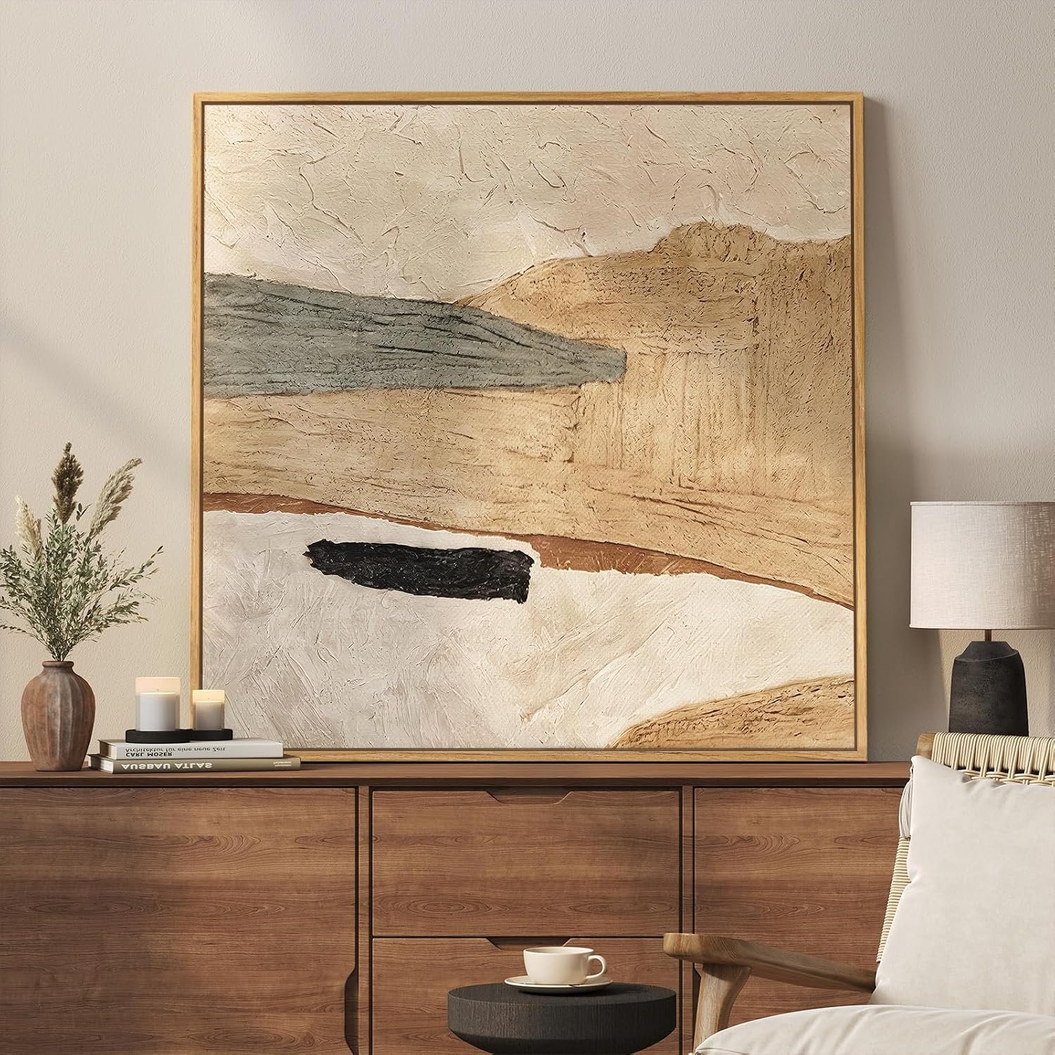 Framed Neutral Organic Abstract Canvas Wall Art for Dining Room, 30×30 Inch