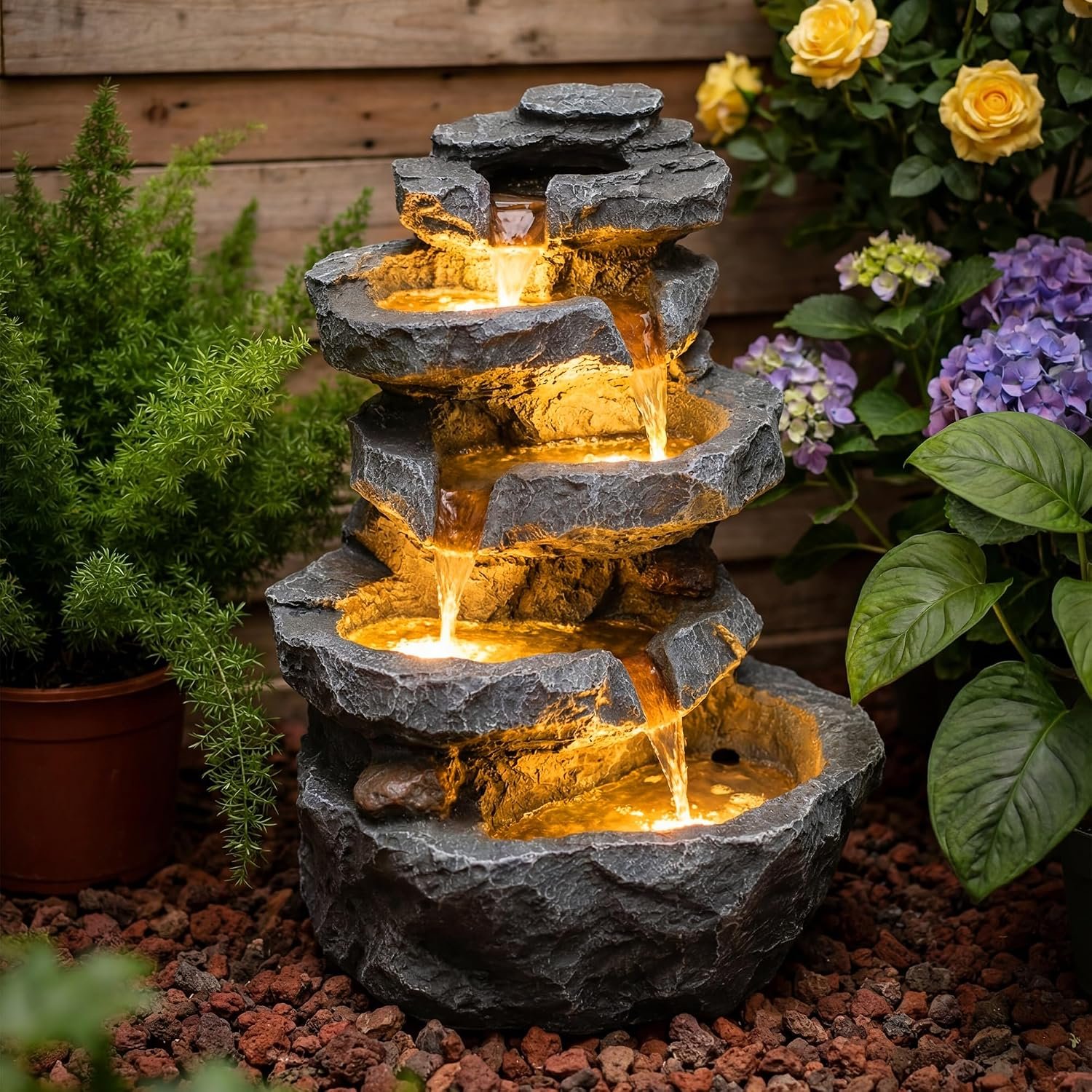 Redlife 22″ Outdoor Waterfall Fountain, 5-Tier Rock Cascading Water Feature with Warm LED Lights, Resin Garden Fountain with Adjustable Pump, Low Noise Patio Yard Decor
