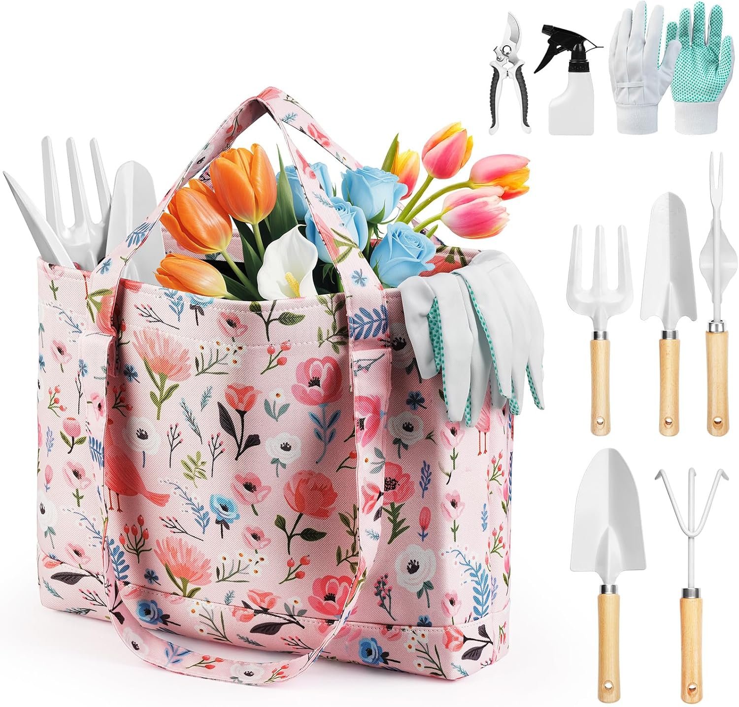 Grenebo 10-Piece Gardening Tool Set with Floral Bag, Pink White