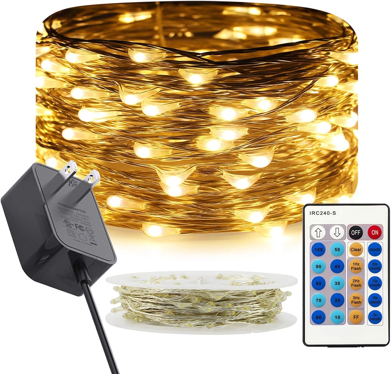 RUICHEN Dimmable Fairy Lights Plug in Silver Wire 33 Ft 100 LED, Warm White