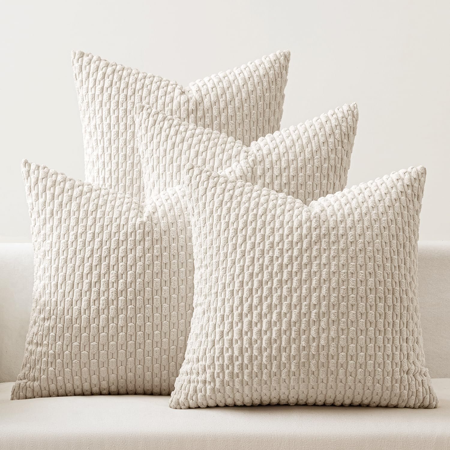 MIULEE Beige Decorative Throw Pillow Covers for Couch Living Room 18×18 Inch Soft Pillow Cases Set of 4 Boho Striped Corduroy Farmhouse Cushion Covers Home Decor for Sofa Bed