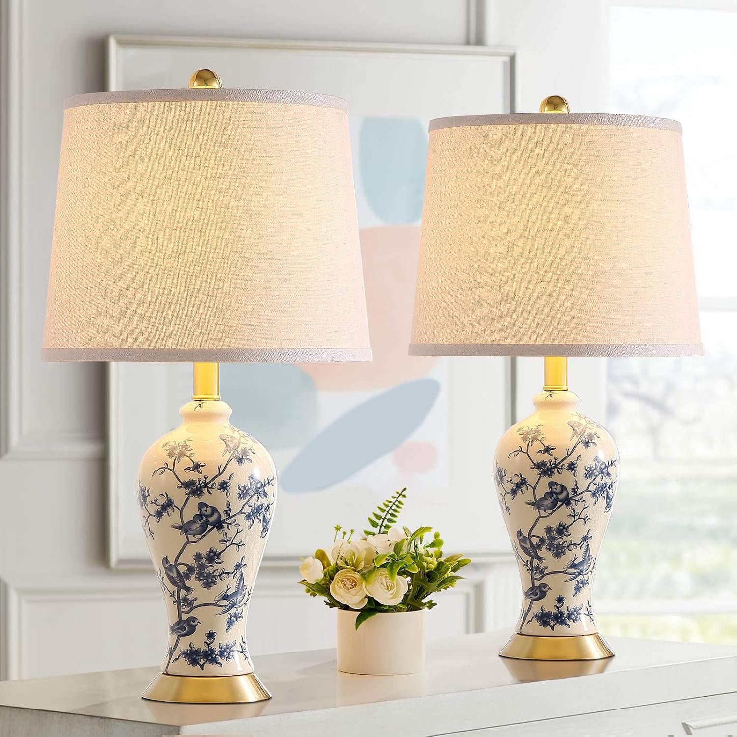 RORIA 24″ Chinoiserie Modern Ceramic Small Table Lamps Set of 2 for Bedroom