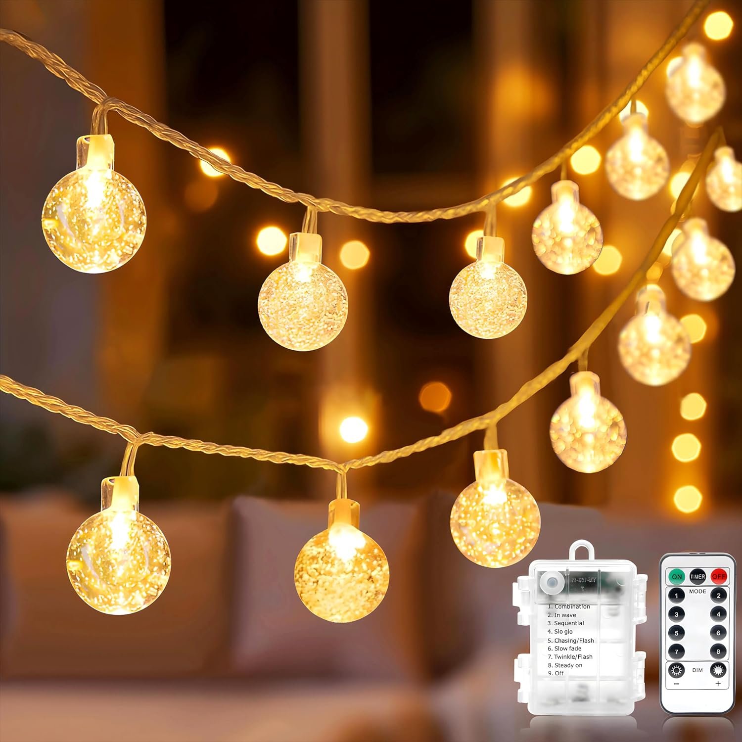 Metaku Globe String Lights Battery Operated Fairy Light 33ft 80LED & Remote
