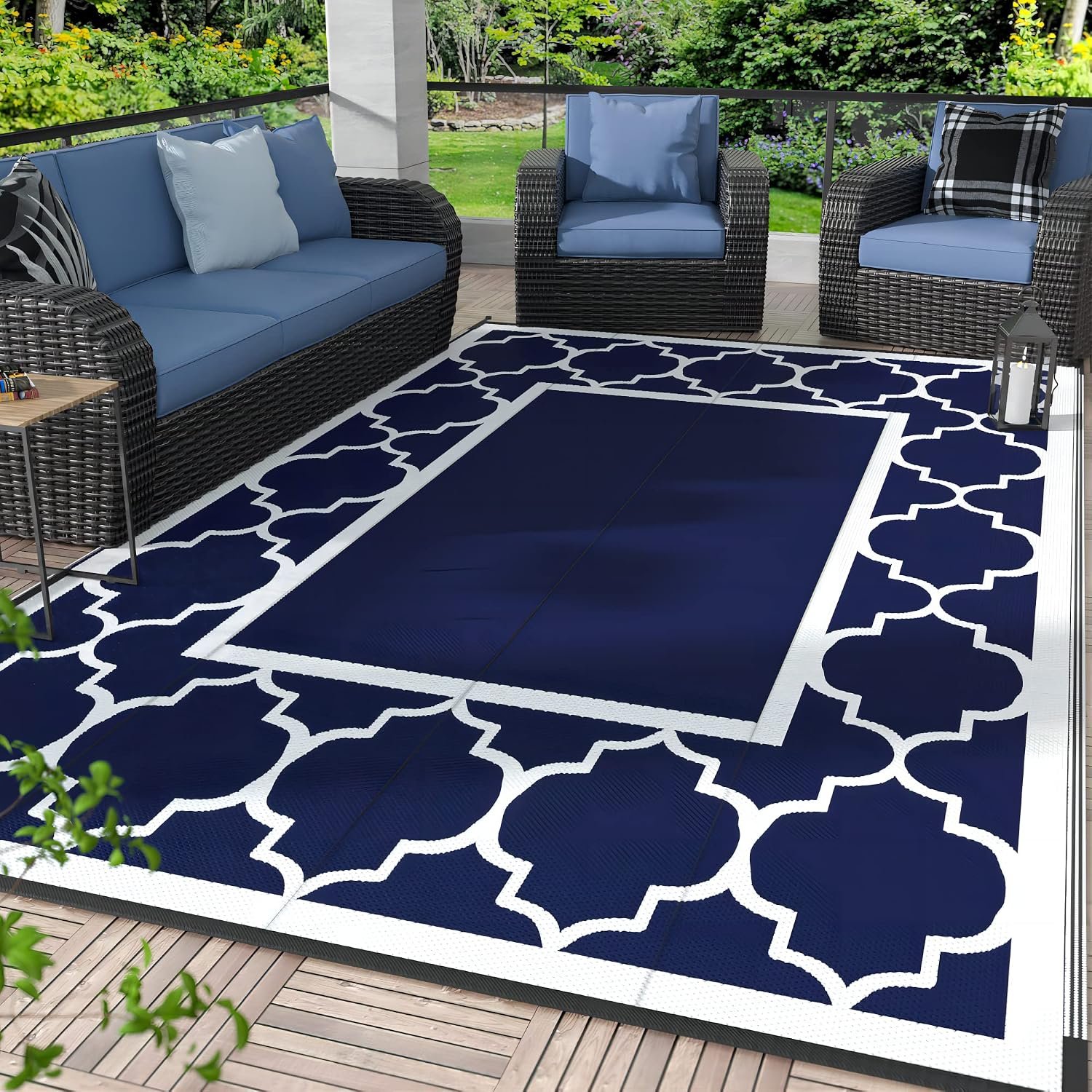 GENIMO Outdoor Rug, Waterproof Plastic Rugs for Patio, 5’x8′ Blue White