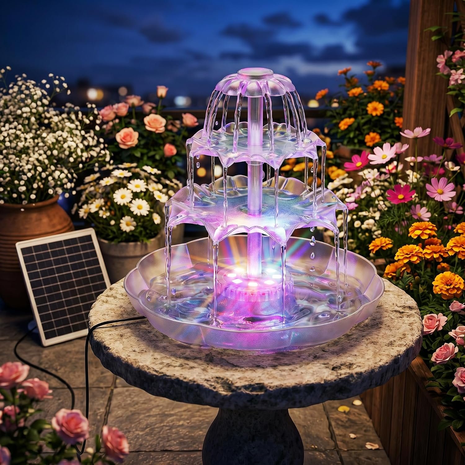 AISITIN 6.5W Solar Fountain with 8-Color LED Lights, 3 Tiered Bird Bath