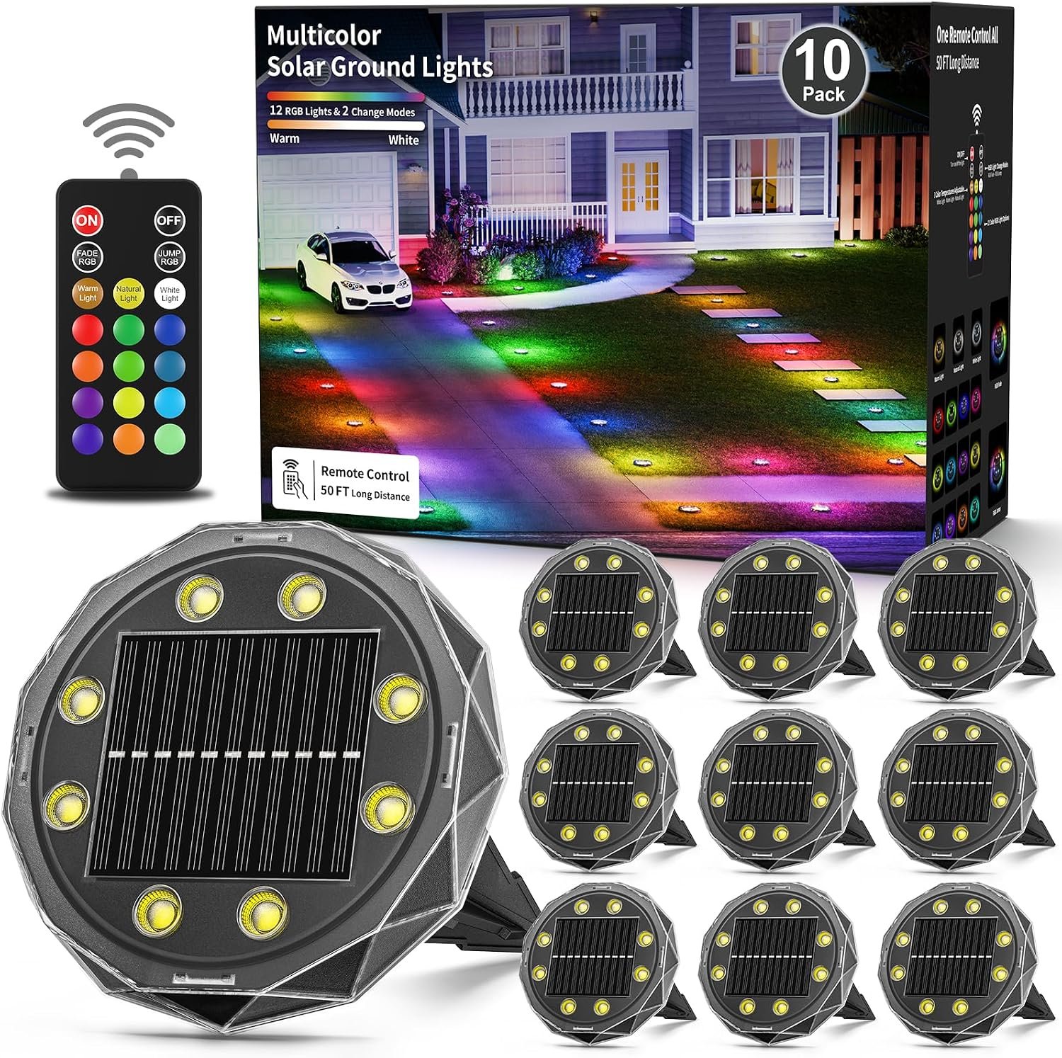 Solar Ground Lights with Remote, Color Changing Solar Disc Lights Waterproof, Flat Solar Powered Outdoor Landscape Lighting for Pathway, Yard, Deck, Lawn, Patio, Walkway, Poolside, 10 Pack