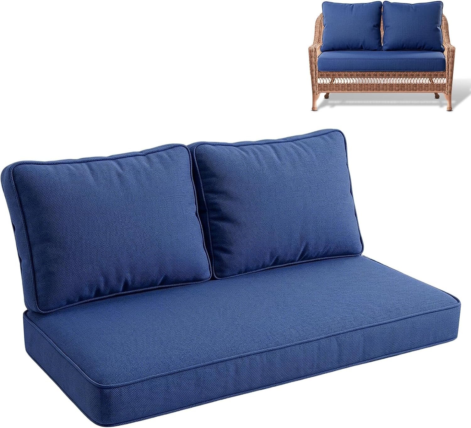 Srora Outdoor Loveseat Cushion Set, 48 x 24 x 5 Seat Cushion + 2 Back Pillows — Waterproof & Fade Resistant, Removable Covers, Deep Patio Loveseat Cushions Replacement for Couch, Bench,Ties Included