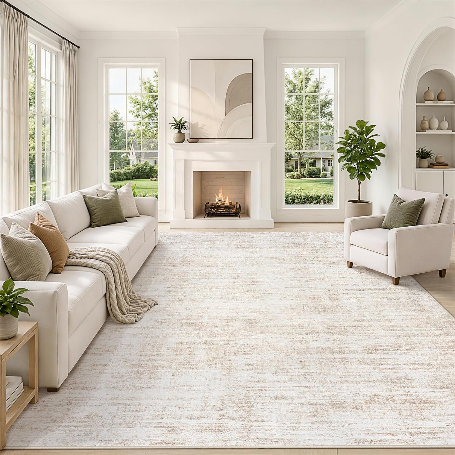 8×10 Area Rugs for Living Room Washable Rug Neutral Abstract Beige Carpet