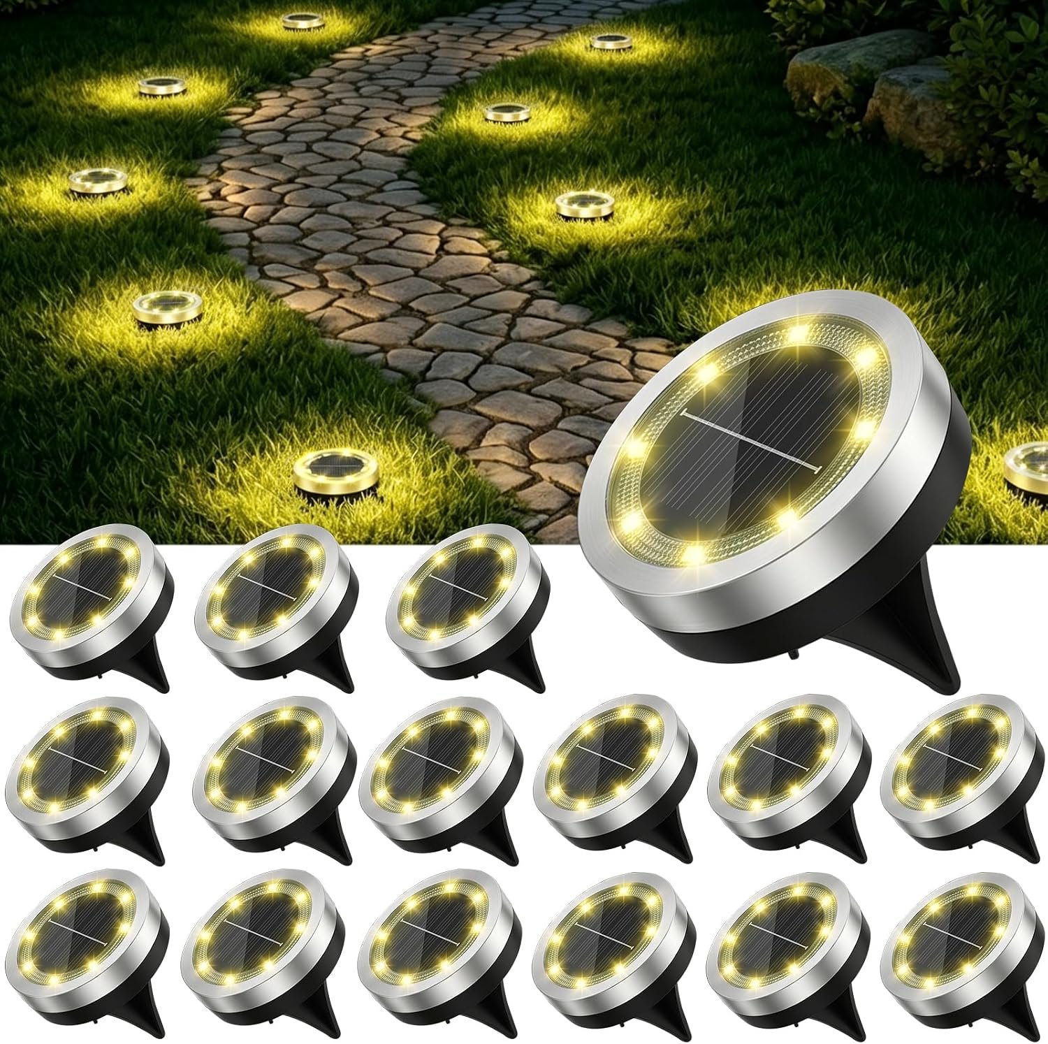 2.1 inch Mini Solar Ground Lights 16 Pack Outdoor IP65 Waterproof Solar Flat Garden Light Anti-Rust Solor Powered Disc Pathway Lights for Outside Walkway Yard Landscape Patio Lawn Driveway-Warm White