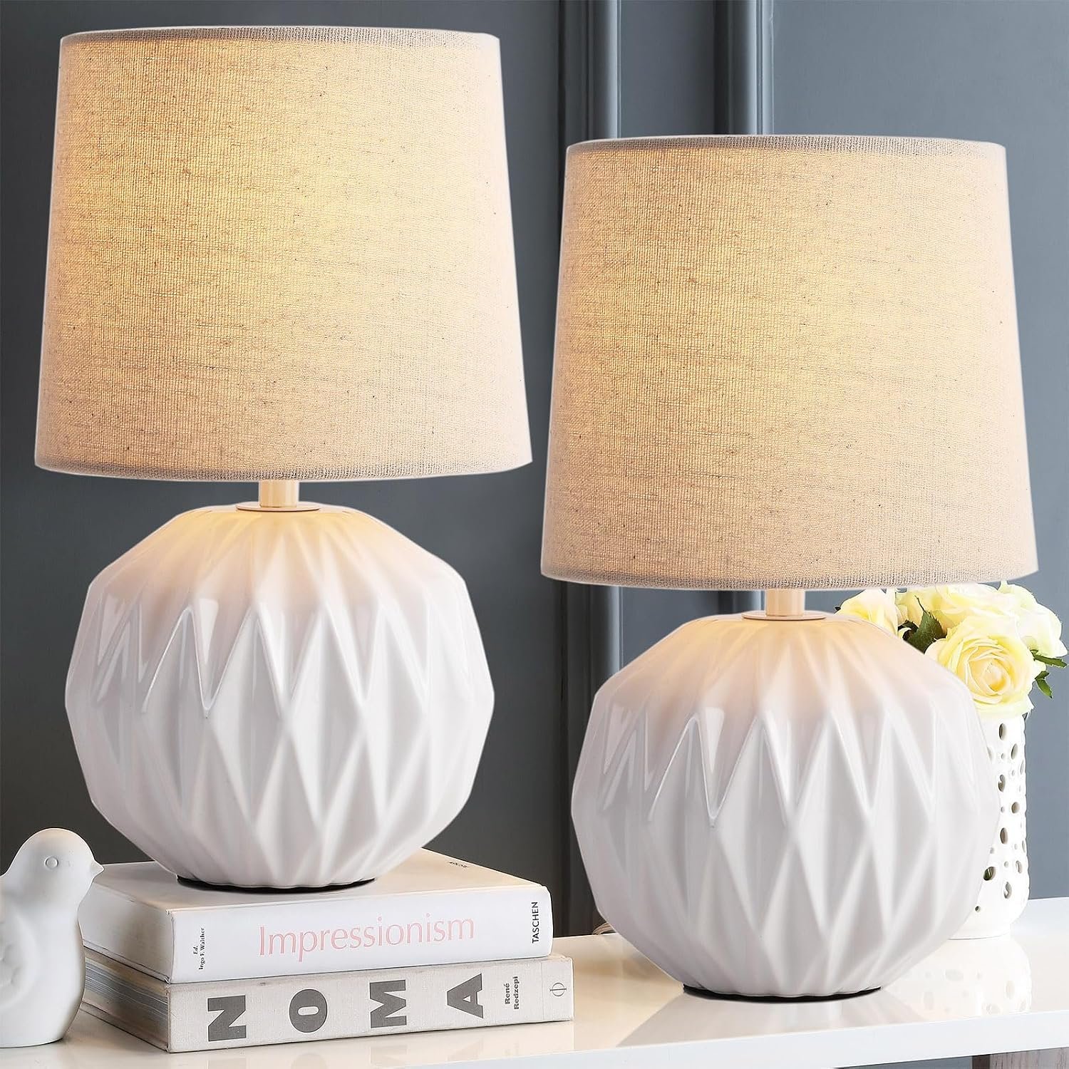Somniferous Ceramic Bedroom Table Lamps Set of 2, Small Bedside Lamp, White Lamp with Linen Shade, Mid Century Modern Nightstand Lamp for Bedroom Living Room Office, 7W LED Bulb Included