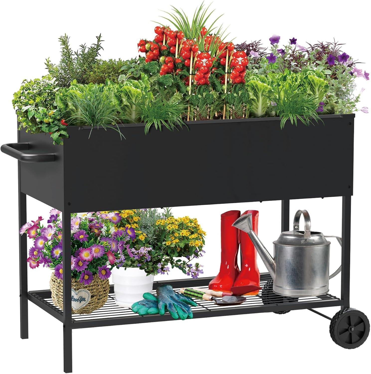 JWPEHOE 34＂Raised Garden Bed with Leg,Mobile Planter Box with Storage Shelf