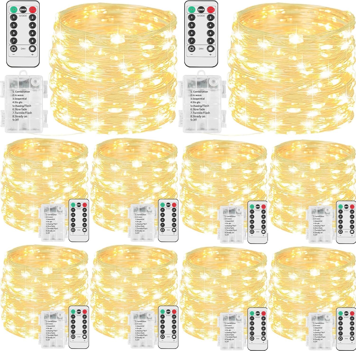 Beieverluck 10 Pack 33FT 100 LED Fairy Lights Battery Operated Fairy Lights with Remote and Timer Waterproof String Lights Outdoor Indoor for Bedroom Wedding Christmas Decorations, Warm White