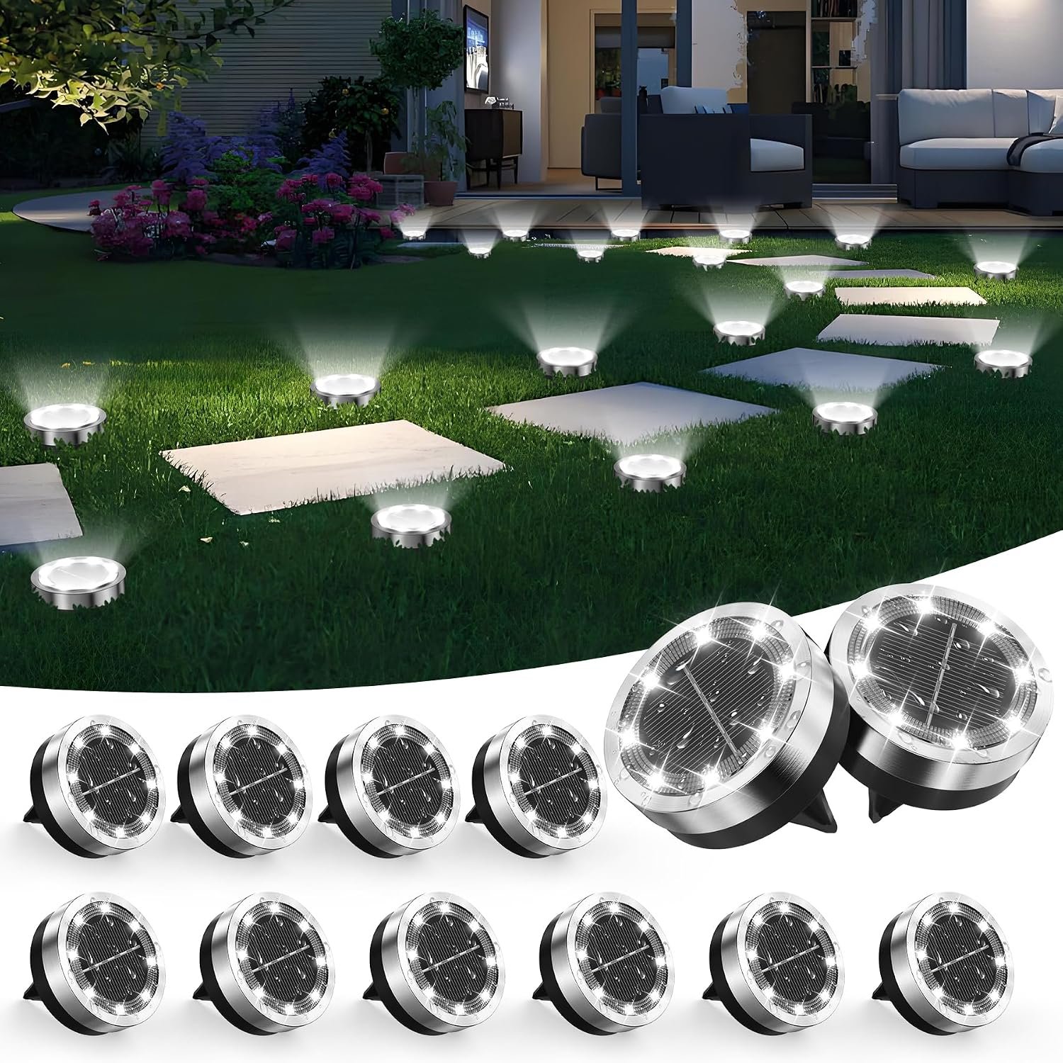 Solar Ground Lights Outdoor, 12 Pack Solar Lights Outdoor Waterproof White