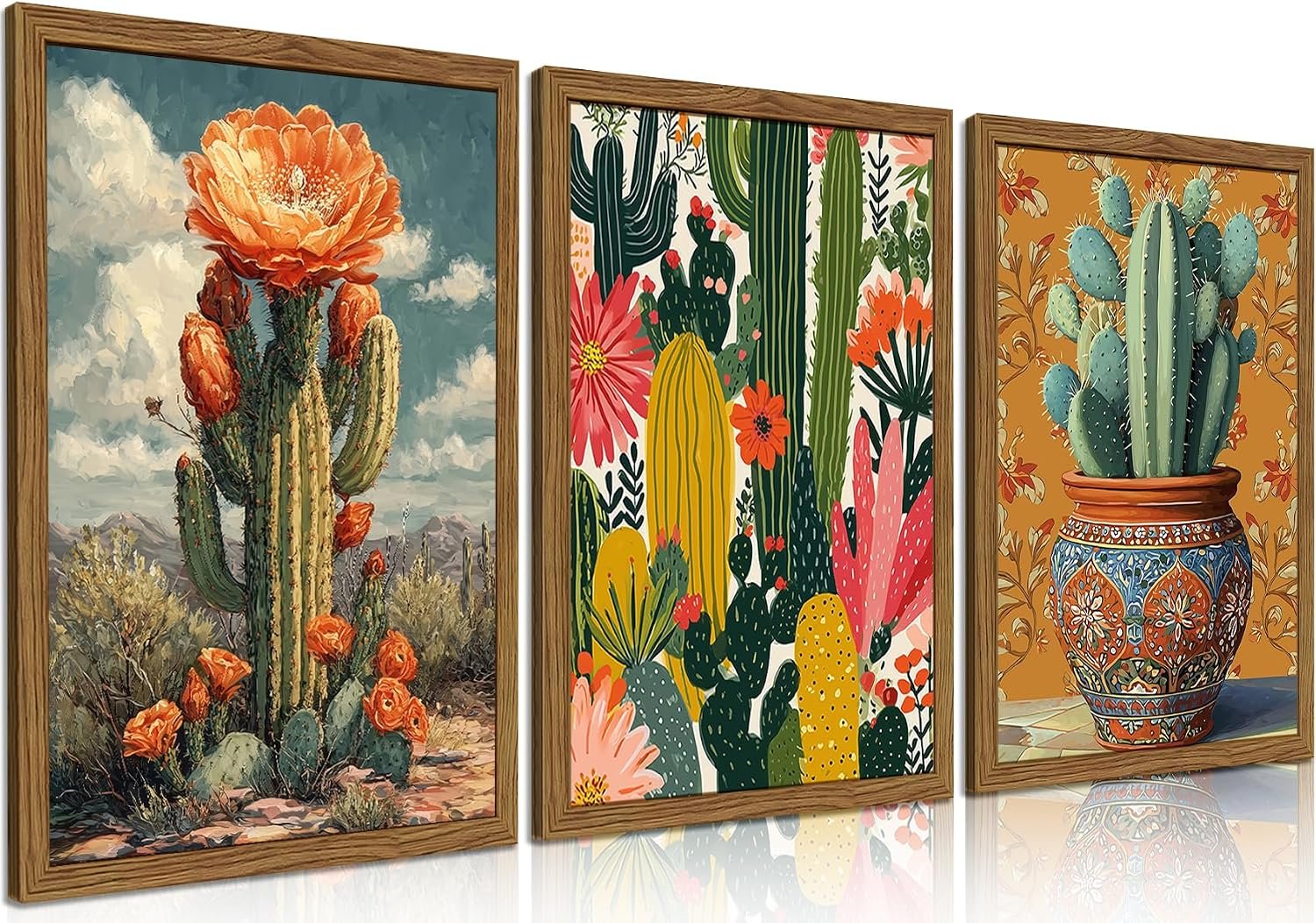 Mexican Cactus Framed Canvas Wall Art Set of 3 – Vintage Desert Floral Wall Decor Paintings, Boho Southwestern Botanical Prints Pictures for Living Room Bedroom Bathroom Home Decor 12×16 inch