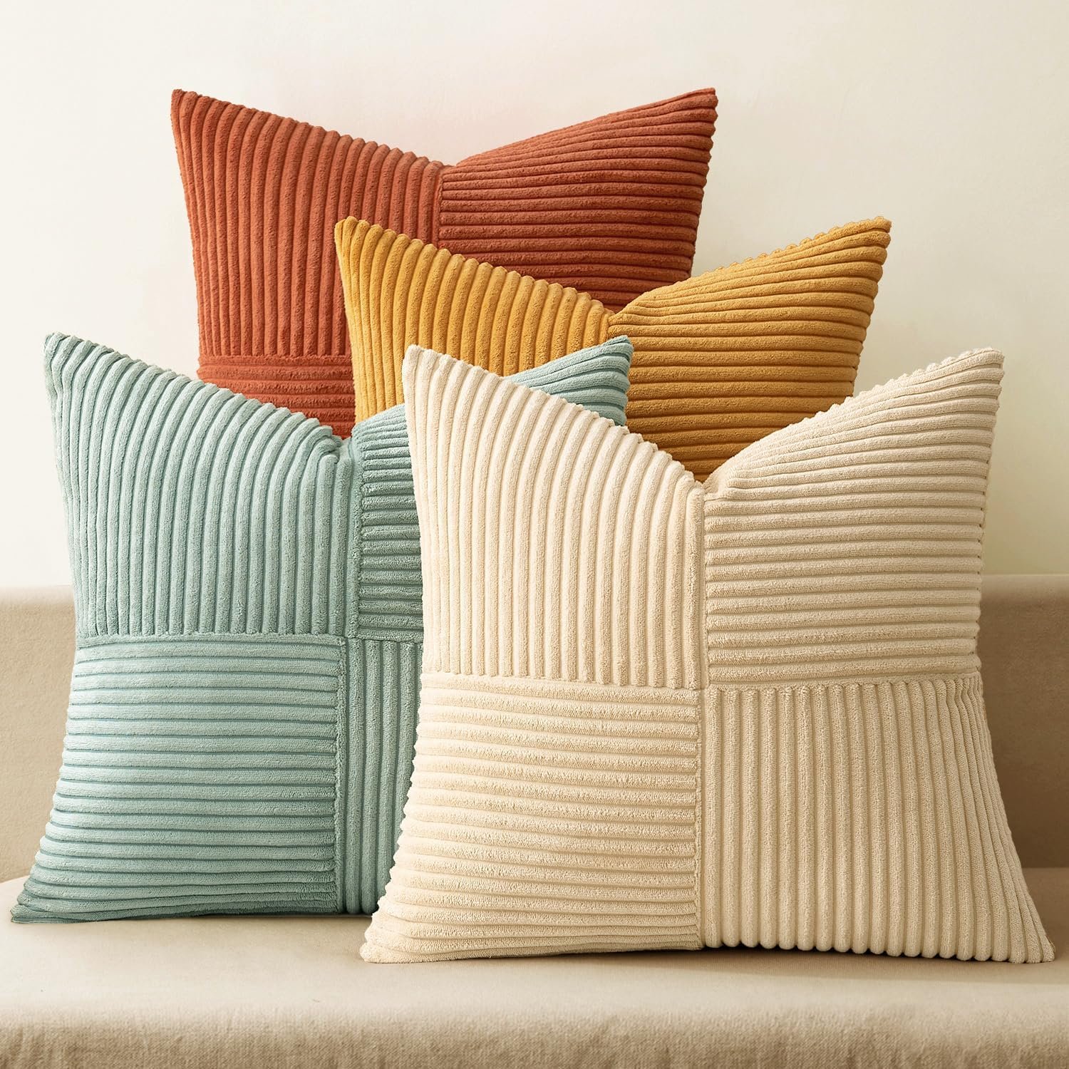 MIULEE Fall Teal Orange Decorative Throw Pillow Covers 18×18 Inch Set of 4 Boho Corduroy Striped Cushion Cases Modern Farmhouse Patchwork Pillow Cases for Couch Sofa Bedroom Home Decor