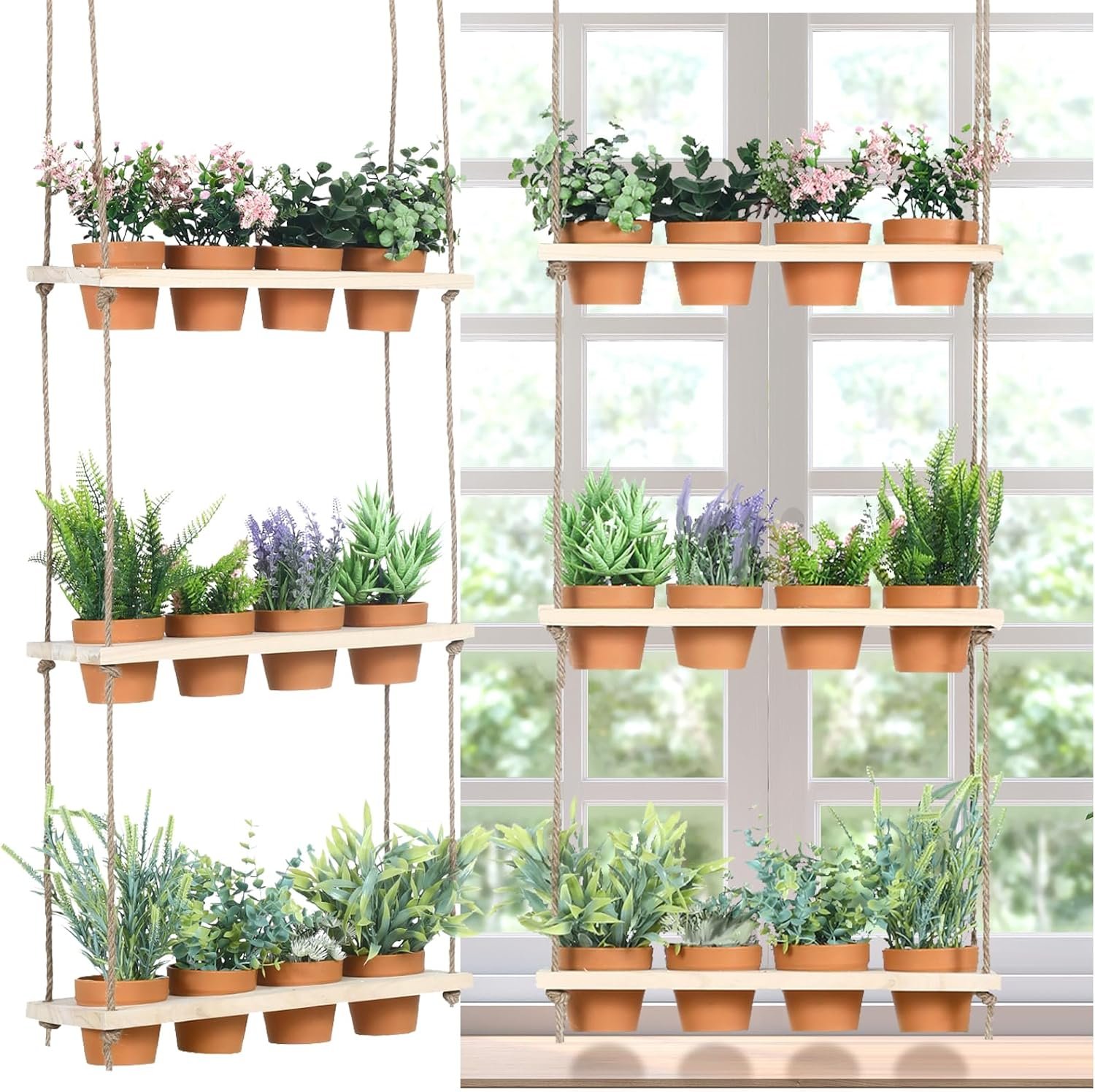 FillTouch 12 Pcs 3 Tiered Hanging Herb Garden Wall Hanging Planter with Pot