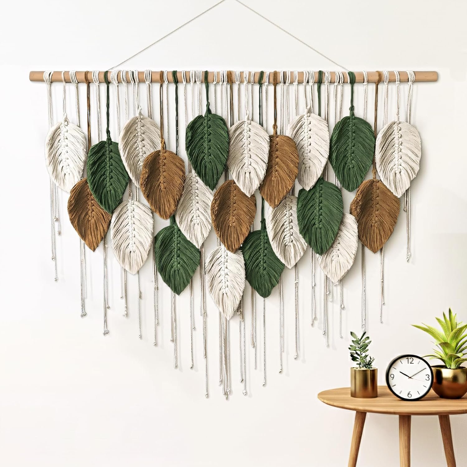 KORSIV Macrame Wall Hanging Boho Woven Tapestry, 39″ x 31.5″ Modern Bohemian Handmade Leaf Feather Wall Art Decorations for Apartment Dorm Living Room Bedroom Nursery Backdrop, Chic Home Decor