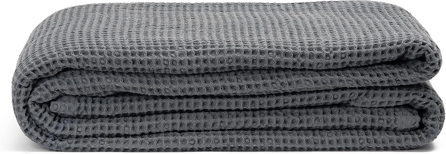 Organic Cotton Knitted Throw Blanket – Cool Throw Blankets for Couch – Gray Lightweight Throws for Summer – Waffle Weave Throw Blanket for Bed, Picnic, Adults & Toddlers (50”x60” – Gray)