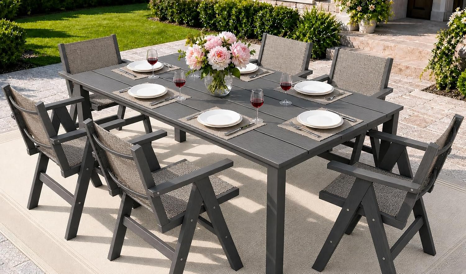HDPE Patio Dining Set, 7 Pcs Outdoor Dining Set with 1 Aluminum Dining Table & 6 Textilene Chairs, 69″ Outdoor Table with Umbrella Hole for Deck, Lawn, Charcoal Grey