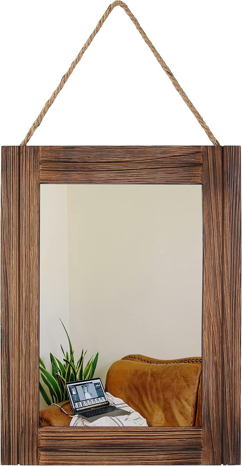 16 X 12 Inch Rustic Wood Framed Wall Mirror with Hanging Rope for Farmhouse Decor, for Entryway, Bedroom, Bathroom, Dresser, Brown