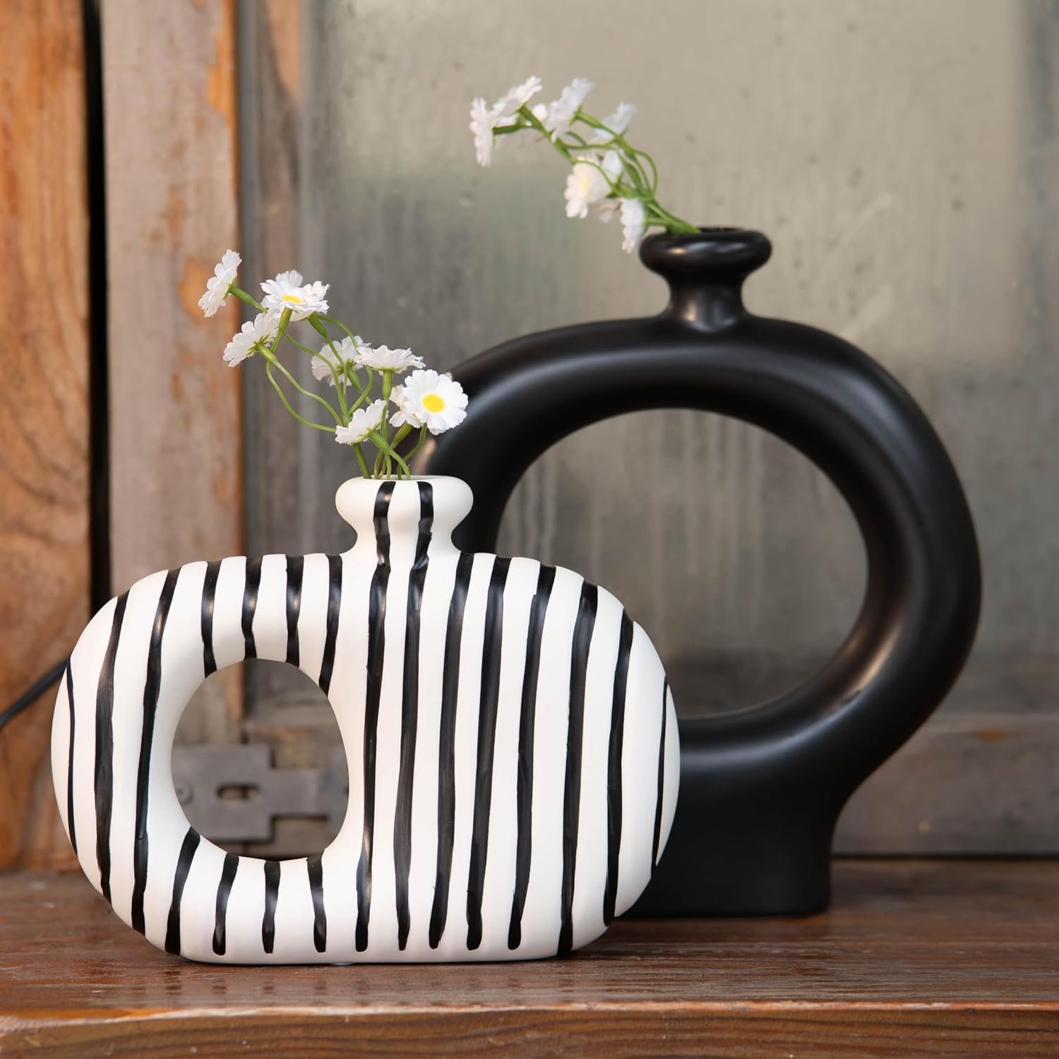 Relexome Donut Vases Set of 2,Black & White Striped Hollow Ceramic Flower Vases,Modern Nordic Minimalist Round Decorative Vase for Pampas Grass,Dried Flowers,Living Room,Table Centerpiece & Home Decor