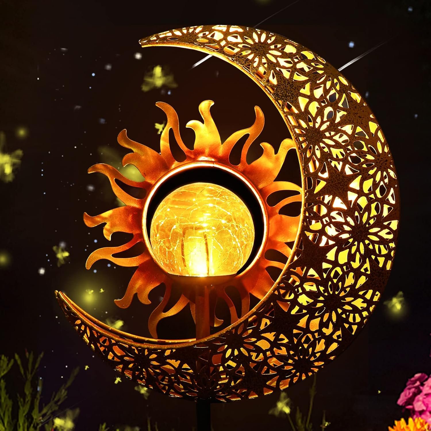 LICKLIP Outdoor Solar Garden Lights, Sun&Moon Crackle Glass Stake Light