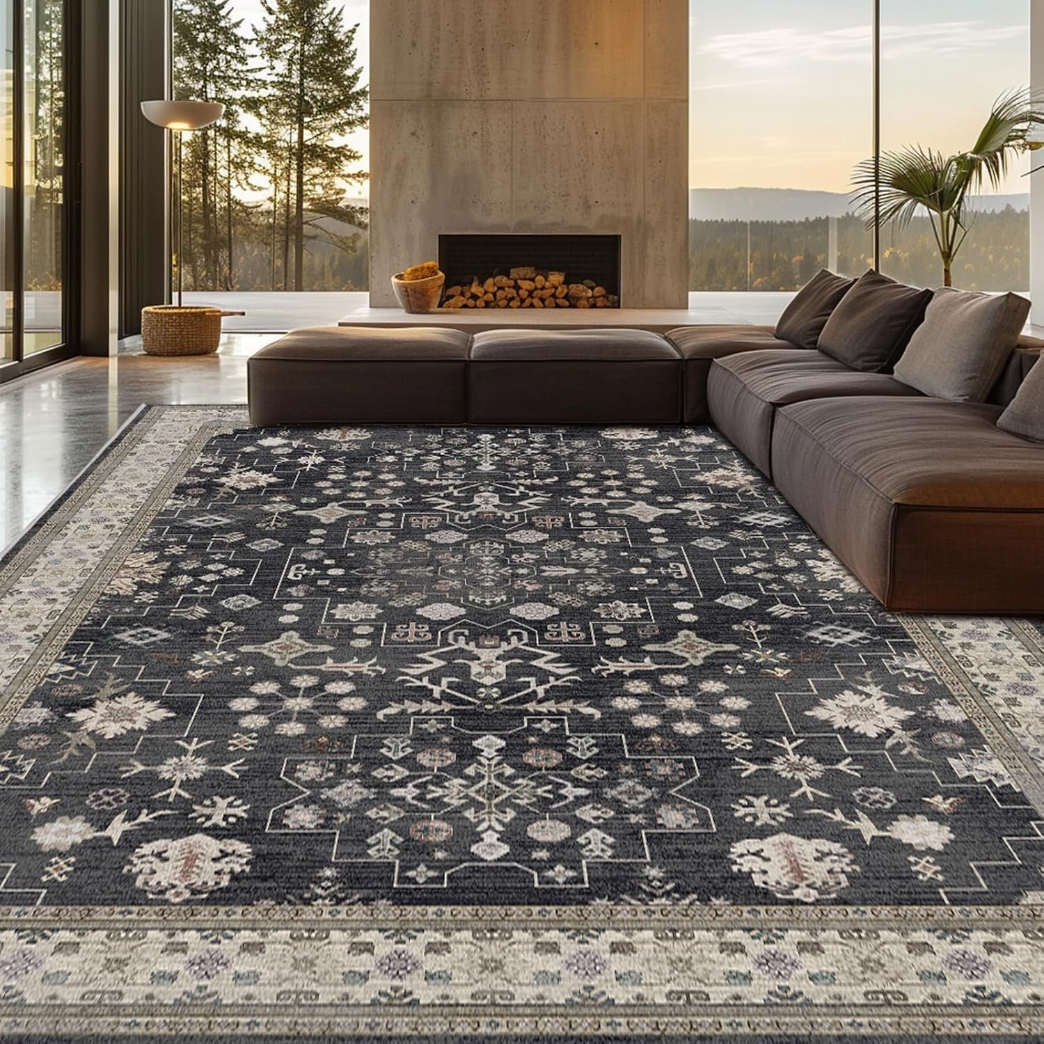 8×10 Washable Area Rugs for Living Room (Charcoal Blush Ivory)