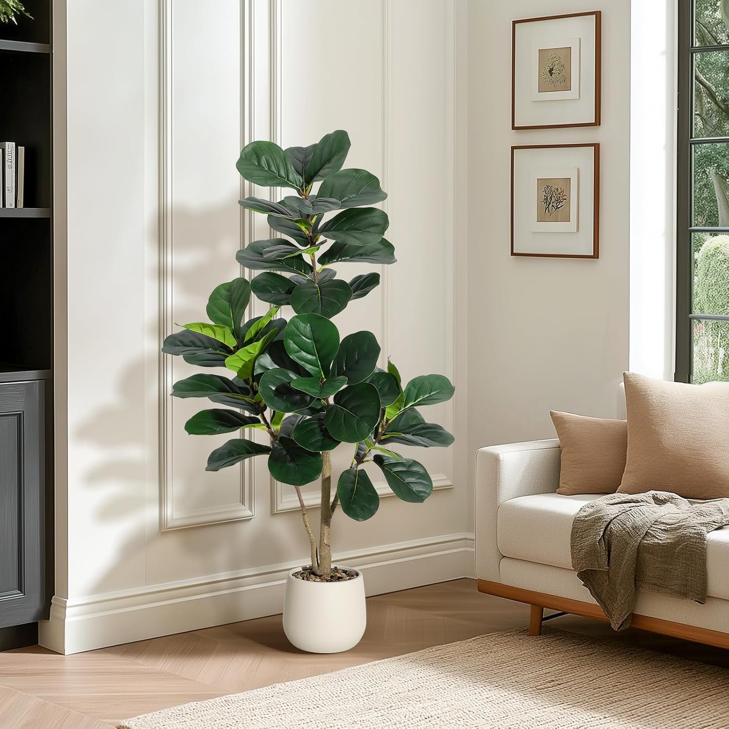 4 ft Fiddle Leaf Fig Tree Artificial with 48 Leaves – Realistic Faux Ficus Lyrata Trees in 7.8 in White Planter Pot, Indoor Fake Floor Plants for Home Office Living Room Decor, Housewarming Gift