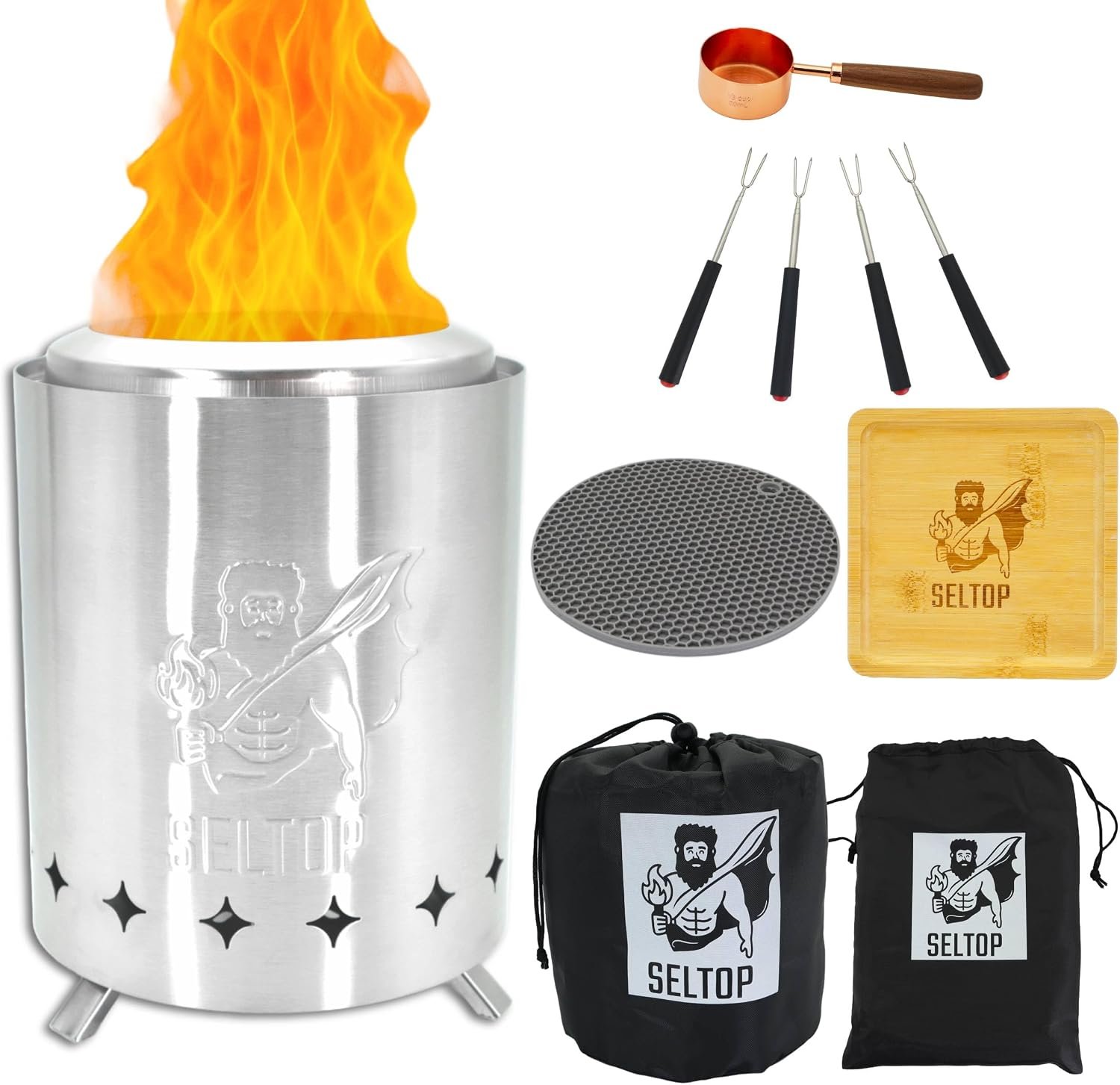 SELTOP Smokeless Tabletop Fire Pit 8.4 x 5.9 in, Stainless Steel Low Smoke Camping Stove for Patio & Outdoor, Fueled by Pellets & Wood, Portable Mini Firepit with Travel Bag, 4 Sticks & BBQ Grill