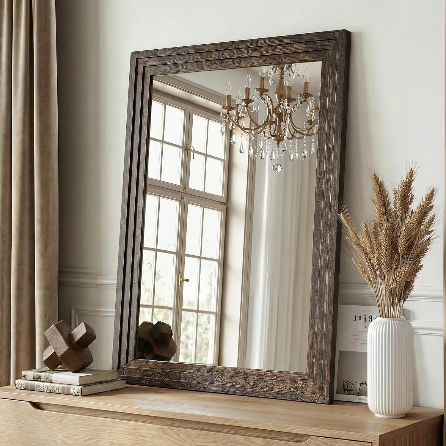 Farmhouse Rustic Wood Framed Bathroom Vanity Mirror for Wall, 24×36, Brown