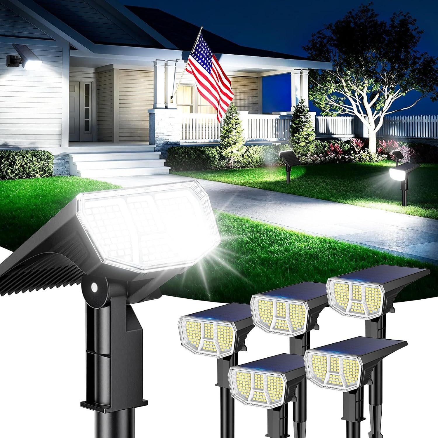 LETMY 6 Pack Solar Spot Lights Outdoor, 104 LED Solar Spotlights, IP65 Waterproof Solar Powered Outdoor Lights, Auto On/Off, Solar Lights Outdoor for Yard, Garden, Patio, Wall, Tree & Flag, Cool White