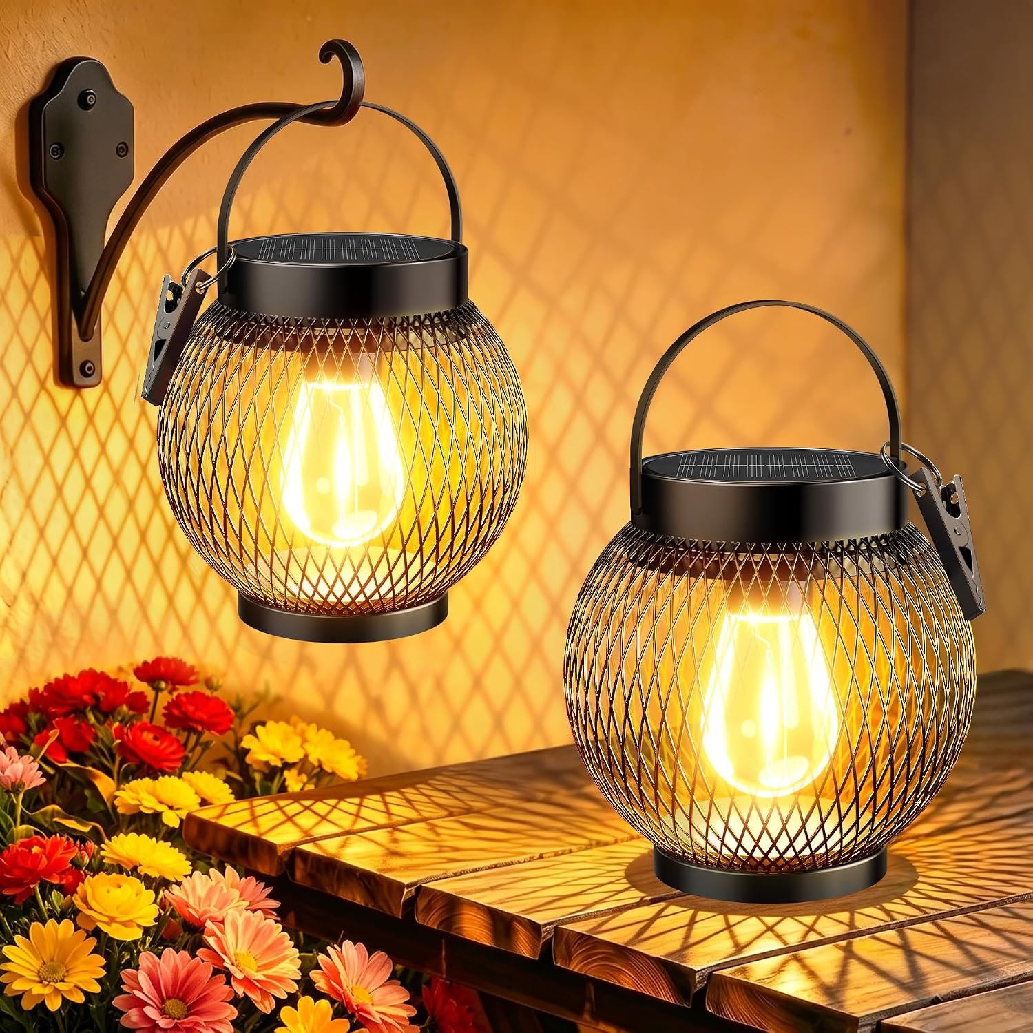 Solar Lanterns Outdoor Waterproof, Metal Hanging Lights, 2 Pack